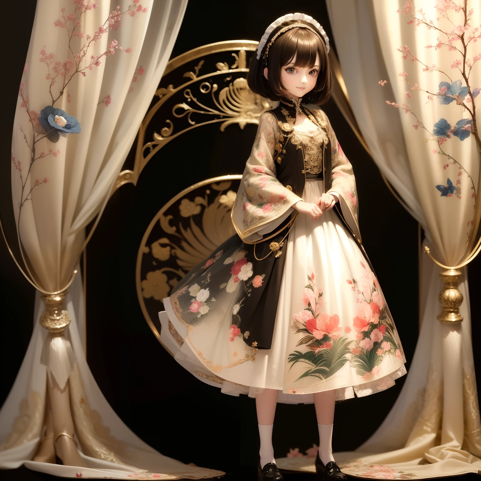 (masterpiece:1.3),(best quality:1.4),ultra high res,(detailed eyes),(detailed facial features),(detailed clothes features),HDR,8k resolution, solo focus, bangs, skin tight, (shiny skin),(slender girl),dreamlike,
(extreme detailed illustration),check commentary,commentary request,scenery,no text,
VirtualGirl-Rin, happy, smile, (small breasts), bangs, bob hair, short hair, brown hair, brown eyes, black choker,
1girl, (solo),
sexy Maid, Maid hair band,Maid dress,Maid apron,Maid skirt,Maid stockings,black leather shoes,