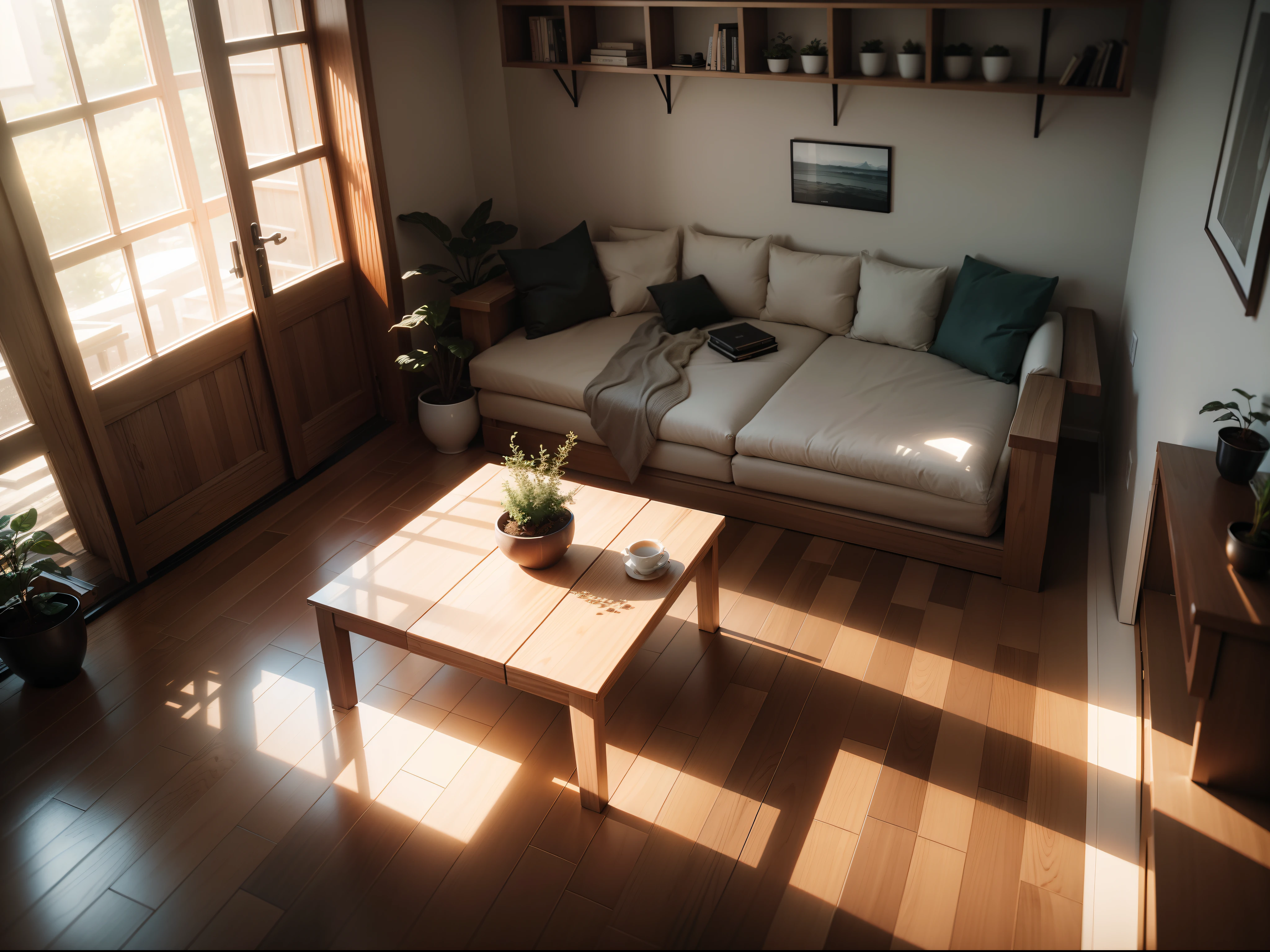 interior design、Insanely detailed wide-angle architectural photo、Cozy contemporary living room、(Bright and warm sunlight 1:0.1)、Award-winning contemporary interior design、landscapes、The table、a chair、in a house、Wooden flooring、window、resturant、east asian east asian architecture、sliding paper doors、abajour、architectural、the woods、naturey、cups、a plant、interior design、Insert lighting and shadows、depth of fields、low illuminance