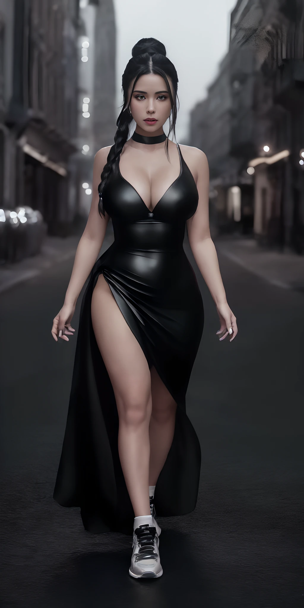 (full body shot)a East European woman, luminous design, masterpiece, best quality, extremely detailed 8k, ultra hd, ultra-detailed, highly detailed, highly realistic, (ultra-realistic), hyperrealistic, Real life style, (((top quality, masterpiece: 1.3)), (masterpiece), (best quality), (ultra-detailed), image of a beautiful girl with a very long black hair wearing a sexy party dress and colorful high sneakers, walking on the street, (medium breasts, ponytail, hourglass figure)), (in a street with many luxurious shops, at night), cinematic lighting, (full body shot), depth of field, ultra fine details, detailed clothing, detailed scenery, (perfect face, detailed face, detailed eyes) (cinematic:1.5)(Top Quality, 8k, 32k, Masterpiece, UHD: 1.3)