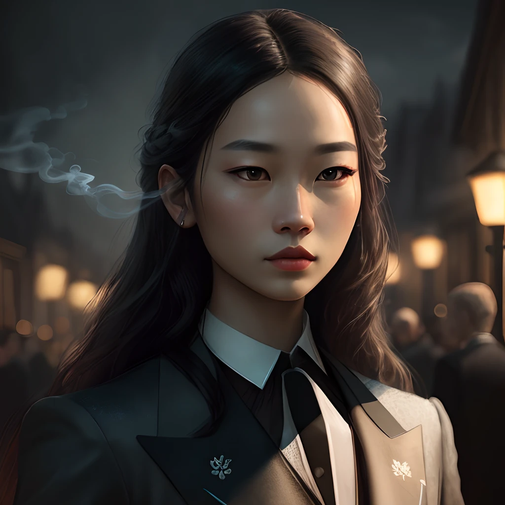 feminine portrait，Fantasyart，photographrealistic，动态照明，artstation，poster for，Volumetriclighting，Very detailed faces，4 k，Award-Awarded，，1girl，in the darkness nigth，deep shading，low tune,(formal outfit:1.4),long whitr hair,oriental face