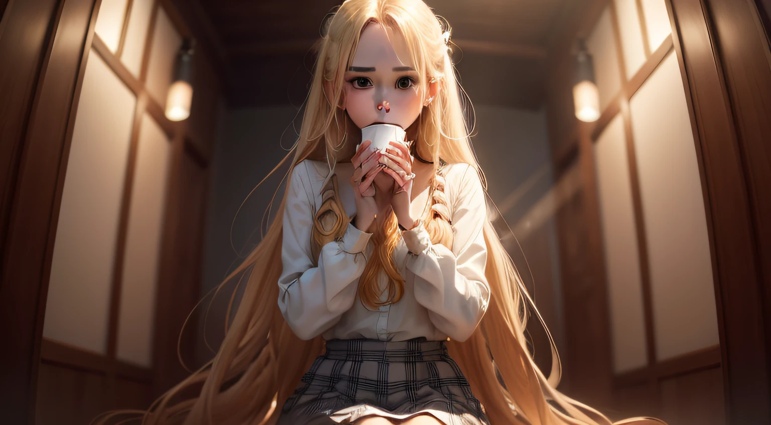 （absurderes，A high resolution，ultra - detailed），1girll，a matural female，Long blonde hair，Long straight hair，bluntbangs，Orange eyes，White and blue checkered shirt，Light jeans，The whole body of the character，Fine eyes and detailed face，Extremely detailed Cg Unity 8K wallpaper，intricately details，Break，Kaleidoscopic image、Symmetrical pattern、vivd colour、geometric shapes、flattering design、optical illusions、Dynamic composition break、The art of pantomime、Expressive body language、Silent storytelling、Evocative gestures、Visual storytelling、Theatrical performances break free、Sit in the café、Fragrant smell、Nature's gift，Drink coffee，peaceful scenery