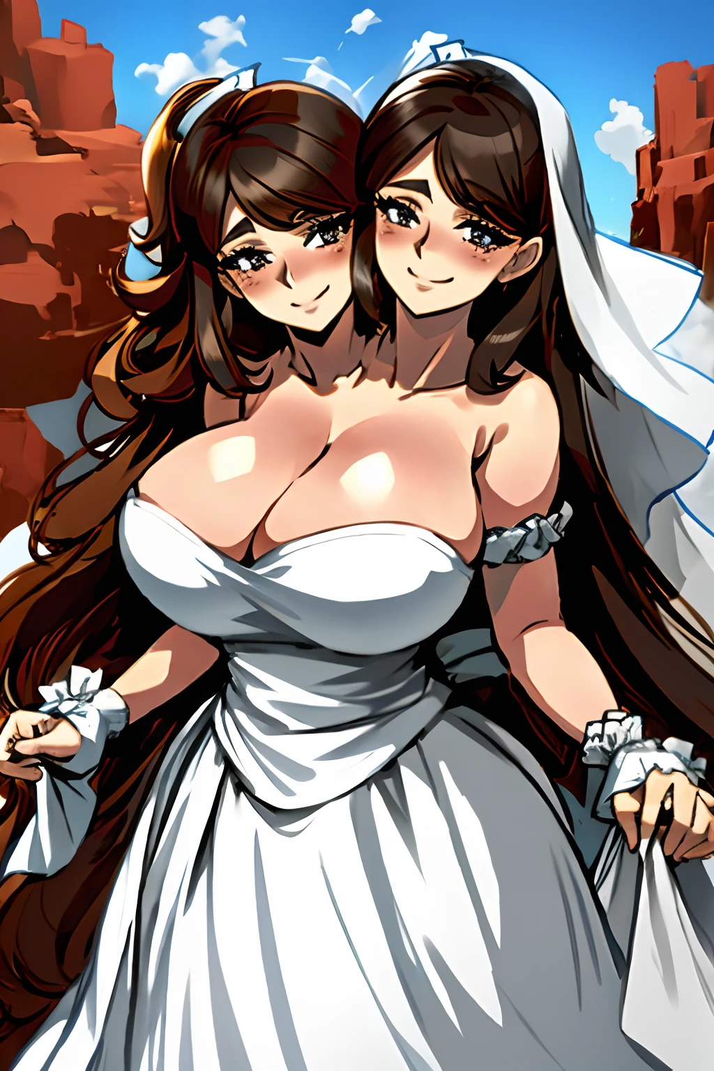 2heads, a very short fat woman with 2 heads. She has enormous breasts. She is wearing a wedding dress. She is wearing a wedding veil. She is outside on a bright day. She has massive breasts. She is smiling wide. She looks very happy. She is blushing. She looks mature and has full lips. She has long dark brown hair. She has gigantic breasts. She looks pleased. Her breasts are enormous.