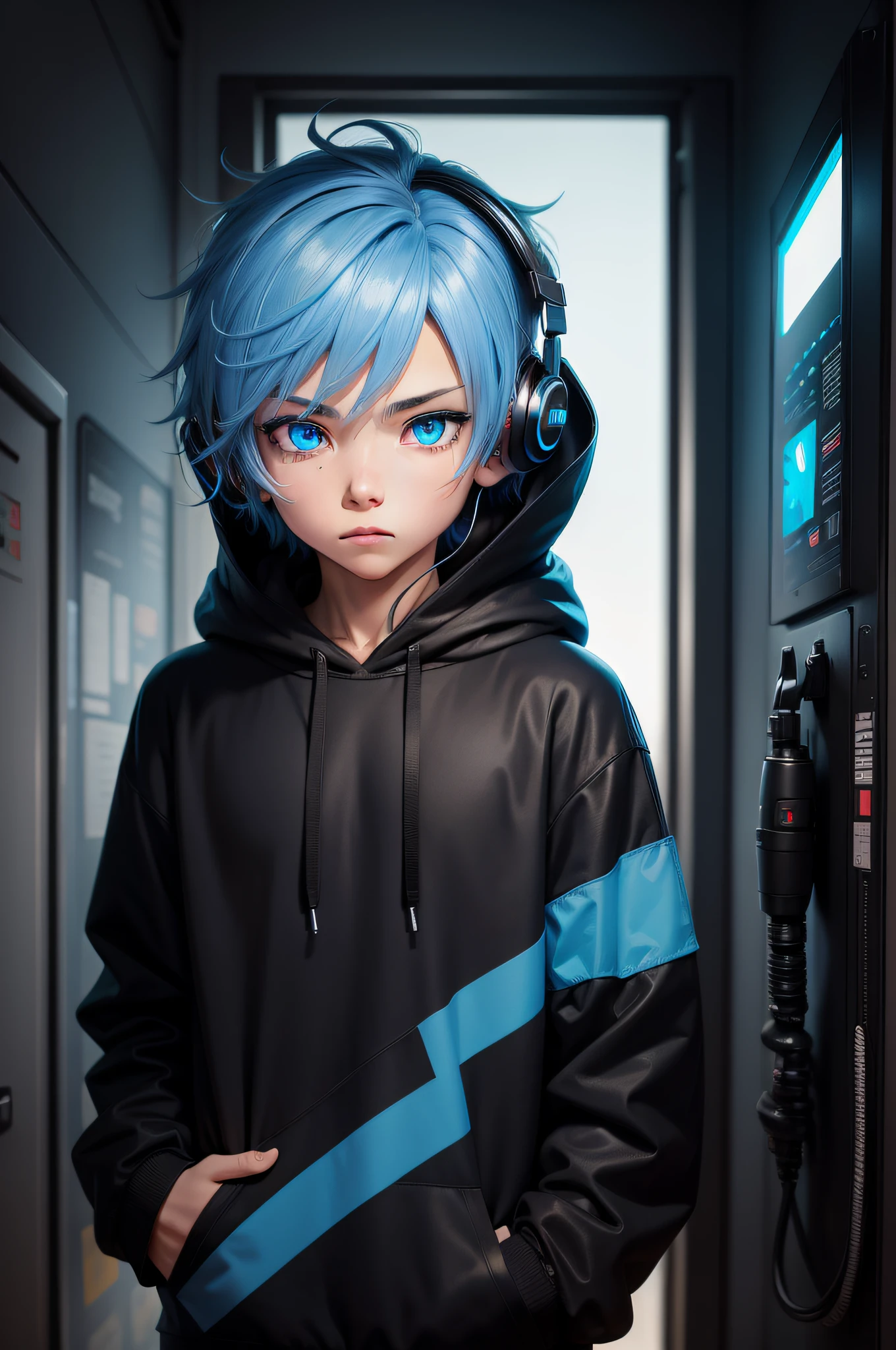 cartoon drawing of a man with blue eyes and a black hoodie and headphones, advanced digital chibi art, chibi, chibi art, hero 2 d fanart artsation, in a hoodie, chibi style, anime chibi, anime stylized, cyberpunk anime man in hoodie, 2 d anime style, with huge luminous sad eyes, chibi anime, glowing blue eyes, anime man, anime style character