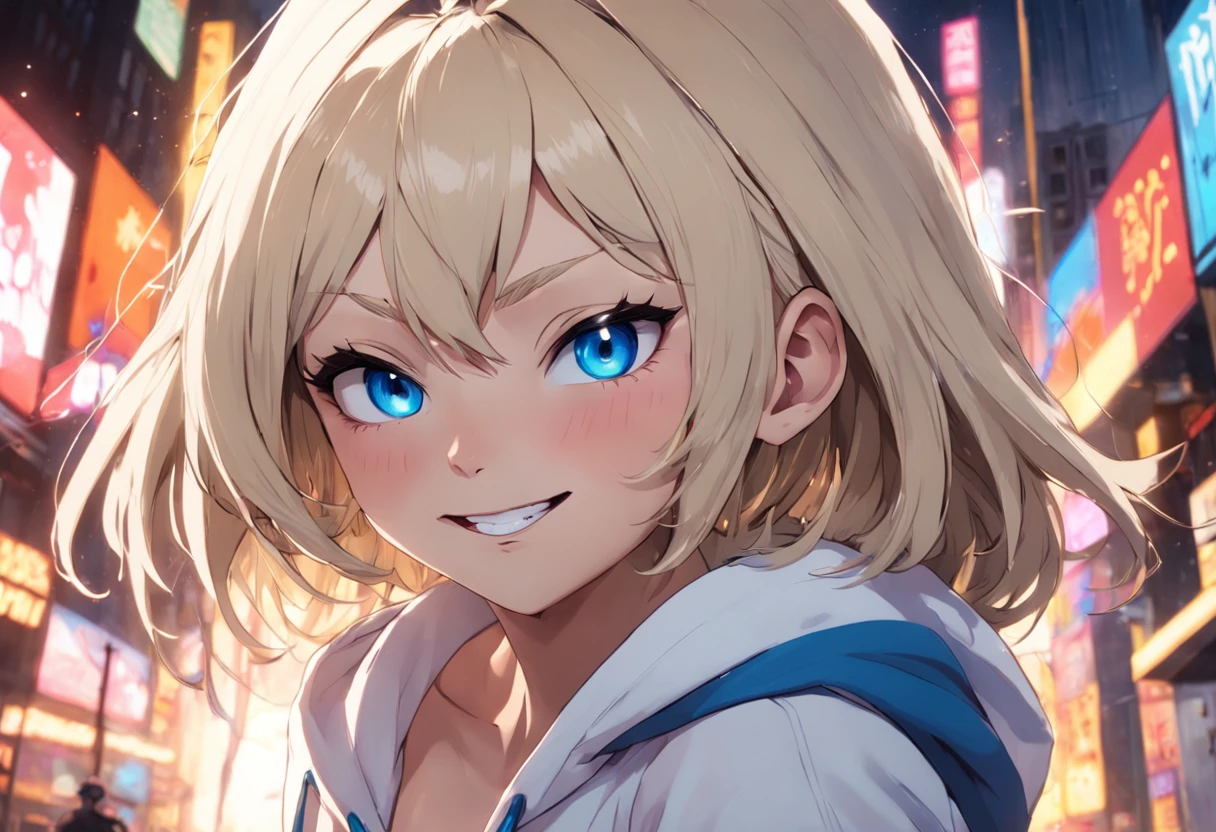 {{masterpiece}}, {best quality}, {cinematic lighting}, highres, {illustration}, ((beautiful detailed eyes)), (gwen stacy , spiderwomen)(beautiful detailed face){1girl}, solo, short_hair, ((sidecut)), ((leaning forward)), blue eyes, (asymmetrical hair), blonde_hair, parted lips, looking at viewer, white bikini, white hoodie, hood_down, big_breasts, cowboy_shot, smile, protruding tongue, open mouth, boobs pressing, honry smile, full body