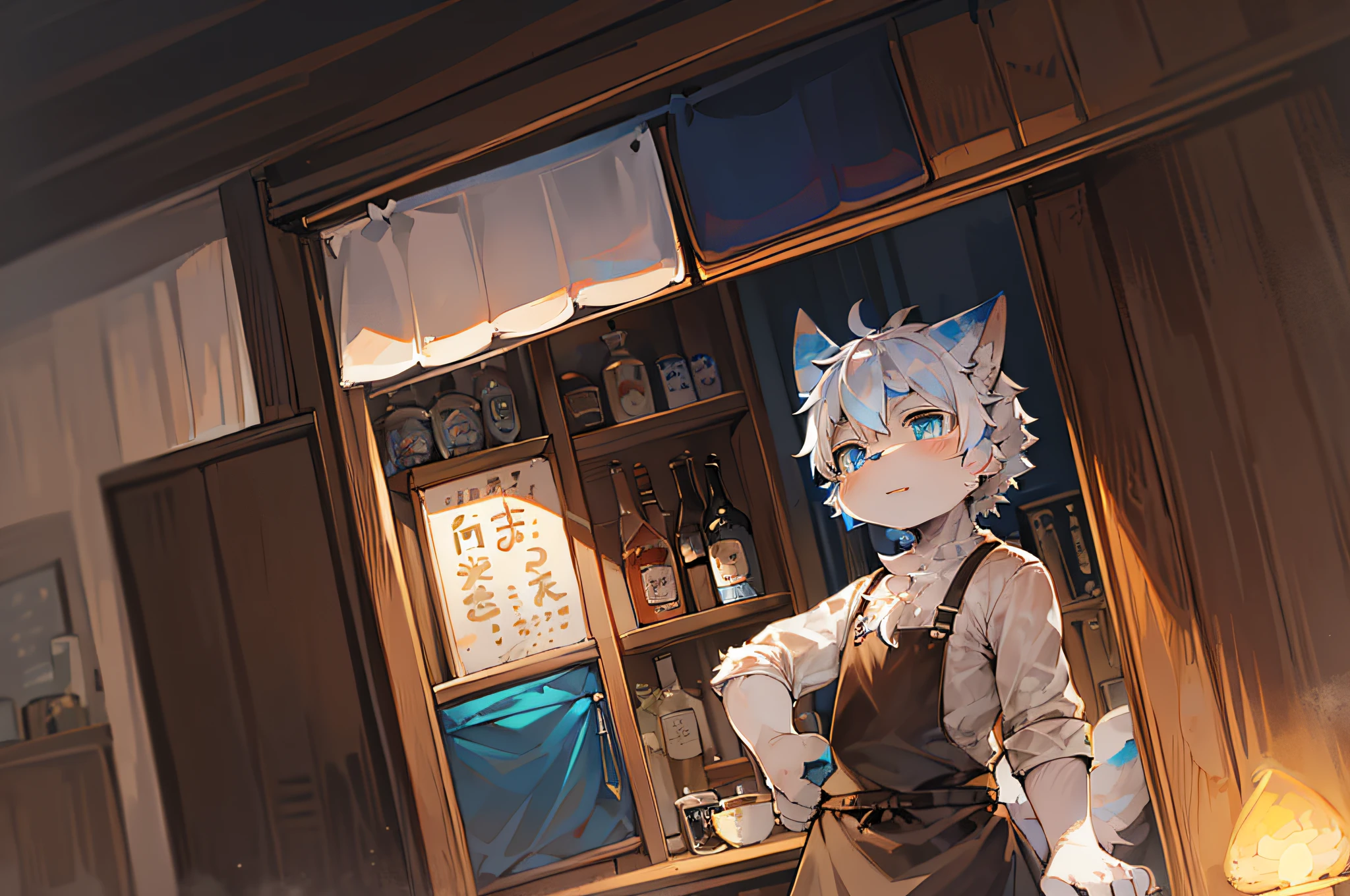 ambiente dark:0.8),masterpiece,high quality,abstract res,digital painting\(artwork\), by dagasi, yupa,kiyosan,(anthro,fluffy fur,character focus:1.1),anthro male cat,short hair,portrait , eyes with brightness, in a panoramic view, Character focus.(detailedbackground:0.8), 独奏, shaggy, shaggy male, malefocus,Make coffee,Concentrate on making coffee, anthr,(Full Body Furry, Fluffy tail, White fur, blue color eyes, white color hair:1.2), (long canines、integrity:1.2),(cafe shop:1.1)