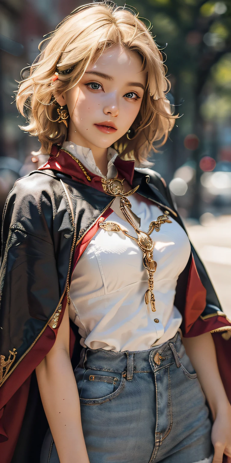 (masterpiece: 1.2, portrait, best quality), realistic, (real picture, complex details, depth of field), best quality, masterpiece, high detail, semi-realistic, 1 girl, shy, 21 years old, short blonde hair, left hairy eyes, Blue eyes, royal clothes, red cape, slim figure