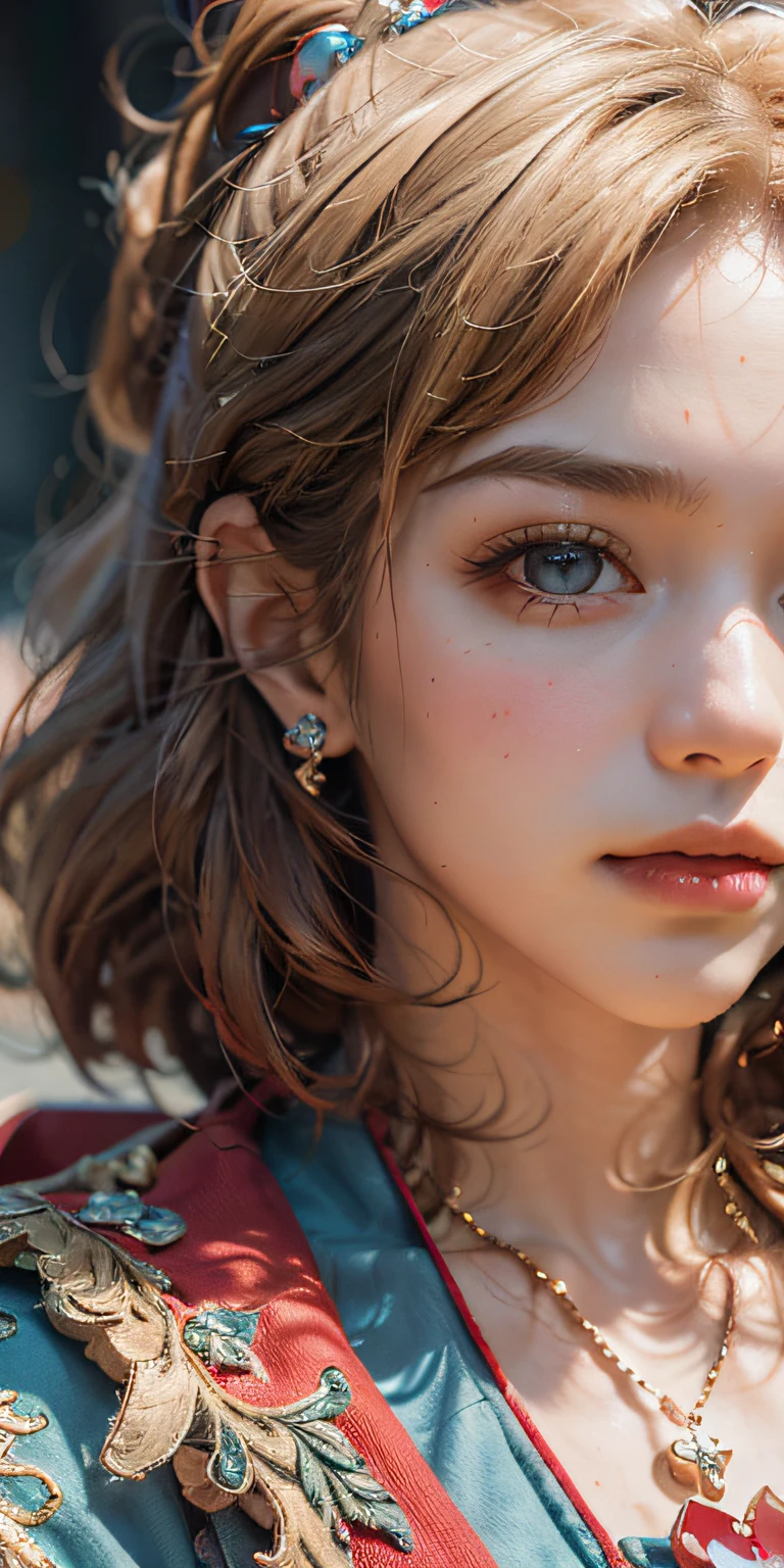 (masterpiece: 1.2, portrait, best quality), realistic, (real picture, complex details, depth of field), best quality, masterpiece, high detail, semi-realistic, 1 girl, shy, 21 years old, short blonde hair, left hairy eyes, Blue eyes, royal clothes, red cape, slim figure