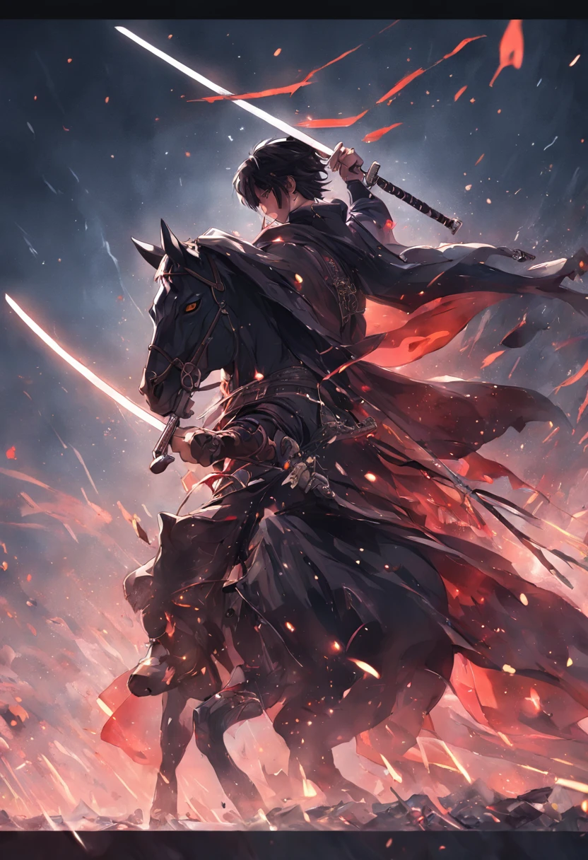 An artistic station masterpiece of extreme detail and realistic lighting,In the picture, there is a horse swordsman in front of him holding a katana,The katana reflection is very epic,The cloak covered his face,There are many enemies around,The atmosphere is intense,The composition is perfect,Intricate and detailed,Ultra-detailed and ultra-precise process design,Ultra HD 32K quality。 --v6