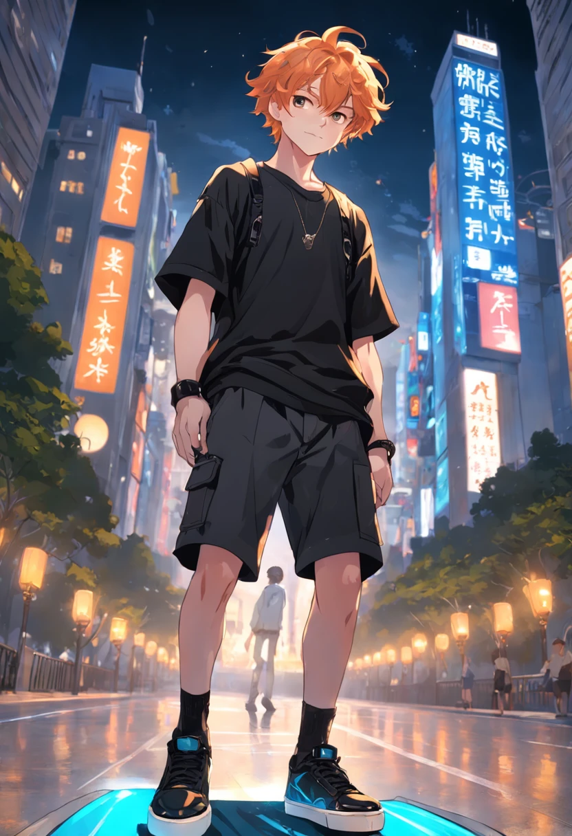 (absurdres, highres, ultra detailed, HDR), (masterpiece), ((POV view)), ((smiling)), ((pov)), (best quality)) ((high angle)), A guy, (1man), ((skinny)), pale, short ginger hair, ((curly hair)), black baggy t-shirt, ((view from the front)), ((straight angle)), futuristic park, park lights, ((posing)), doing a fashion pose, japanese fashion clothing, ((alone)), ((skateboard)), lo fashion、rebelliousness(Rebellious points:1.3),He had a skateboard in his hand(Skateboarding points:1.2), hands holding a skateboard, ((vogue)), fashion, photo cinematic lighting, full-body shot, manga, well lit orange background lighting, lo-fi, nostalgic, front facing shot, vivid colors, comic book style, (wide camera shot), ((good anatomy)), ((anatomically correct)), high-speed movement, panoramic emergence, express dynamic and multi-angle light and shadow effects, generate 16K level detailed pictures, ((Joseph Christian Leyendecker style)), ((art style of J.C Leyendecker )).