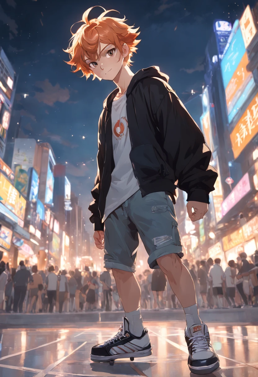 (absurdres, highres, ultra detailed, HDR), (masterpiece), ((POV view)), ((smiling)), ((pov)), (best quality)) ((high angle)), A guy, (1man), ((skinny)), pale, short ginger hair, ((curly hair)), black baggy t-shirt, ((view from the front)), ((straight angle)), futuristic park, park lights, ((posing)), doing a fashion pose, japanese fashion clothing, ((alone)), ((skateboard)), lo fashion、rebelliousness（Rebellious points：1.3），He had a skateboard in his hand（Skateboarding points：1.2）, hands holding a skateboard, ((vogue)), fashion, photo cinematic lighting, full-body shot, manga, well lit orange background lighting, lo-fi, nostalgic, front facing shot, vivid colors, comic book style, (wide camera shot), ((good anatomy)), ((anatomically correct)), high-speed movement, panoramic emergence, express dynamic and multi-angle light and shadow effects, generate 16K level detailed pictures, ((Joseph Christian Leyendecker style)), ((art style of J.C Leyendecker )).