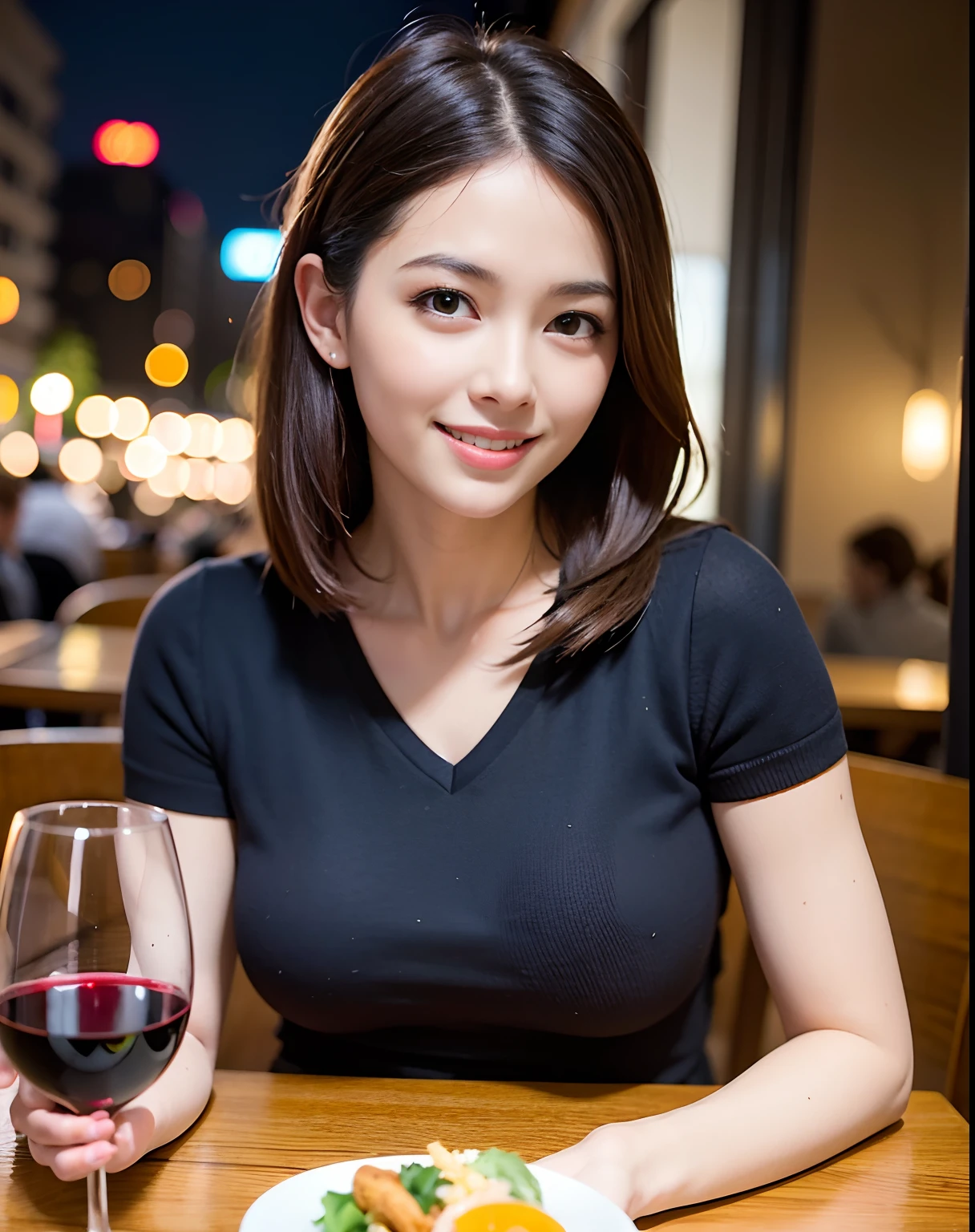 (64K, UHD, top quality, masterpiece: 1.2), (realistic, photorealistic: 1.37), super detailed, pretty woman 1 person, (slim face), (slim body), (brown hair), (short cut), cheeks slightly blushing, (44 years old), 38 years old, solo, beautiful detailed urban night view outside the window, restaurant, wine glasses sit, at night, in a prominent placeNovaFrogStyle, Actress, Model, Waist Up, White Wine, Slim, Wine Glass, Super Clean Night View, Wine Glass Put in the Middle, Happy Smile, (Smile: 1.15), Beautiful Fine Eyes, Upper Body, Bust Japan Up, Night, Short, Short, Actress, Model, Waist Up, White Wine, Slim, Wine Glass, Super Clean Night View, Wine Glass Put in the Middle, Happy Smile,