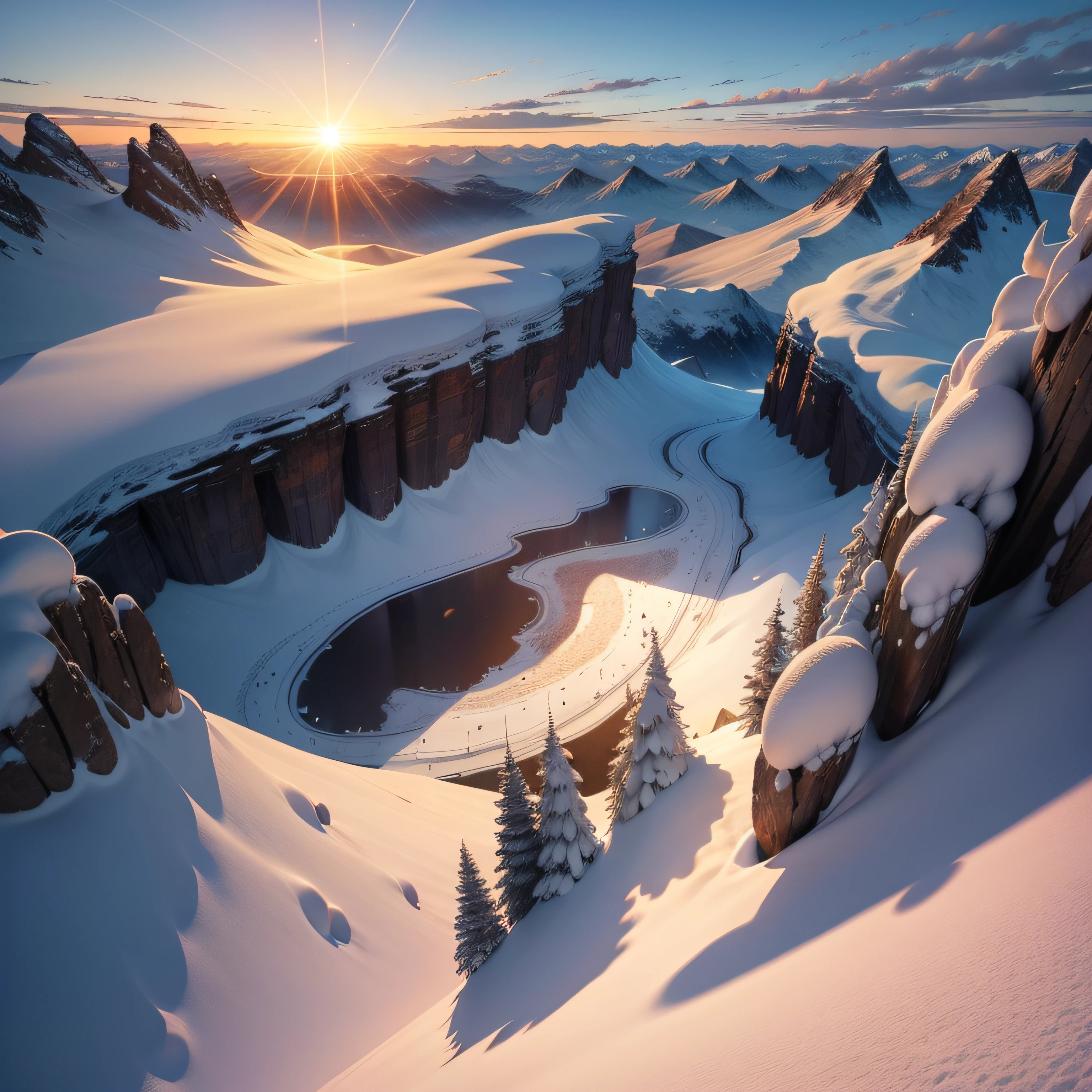 Sunrise view from a snowy mountain wide angles high-level image quality Fantastical