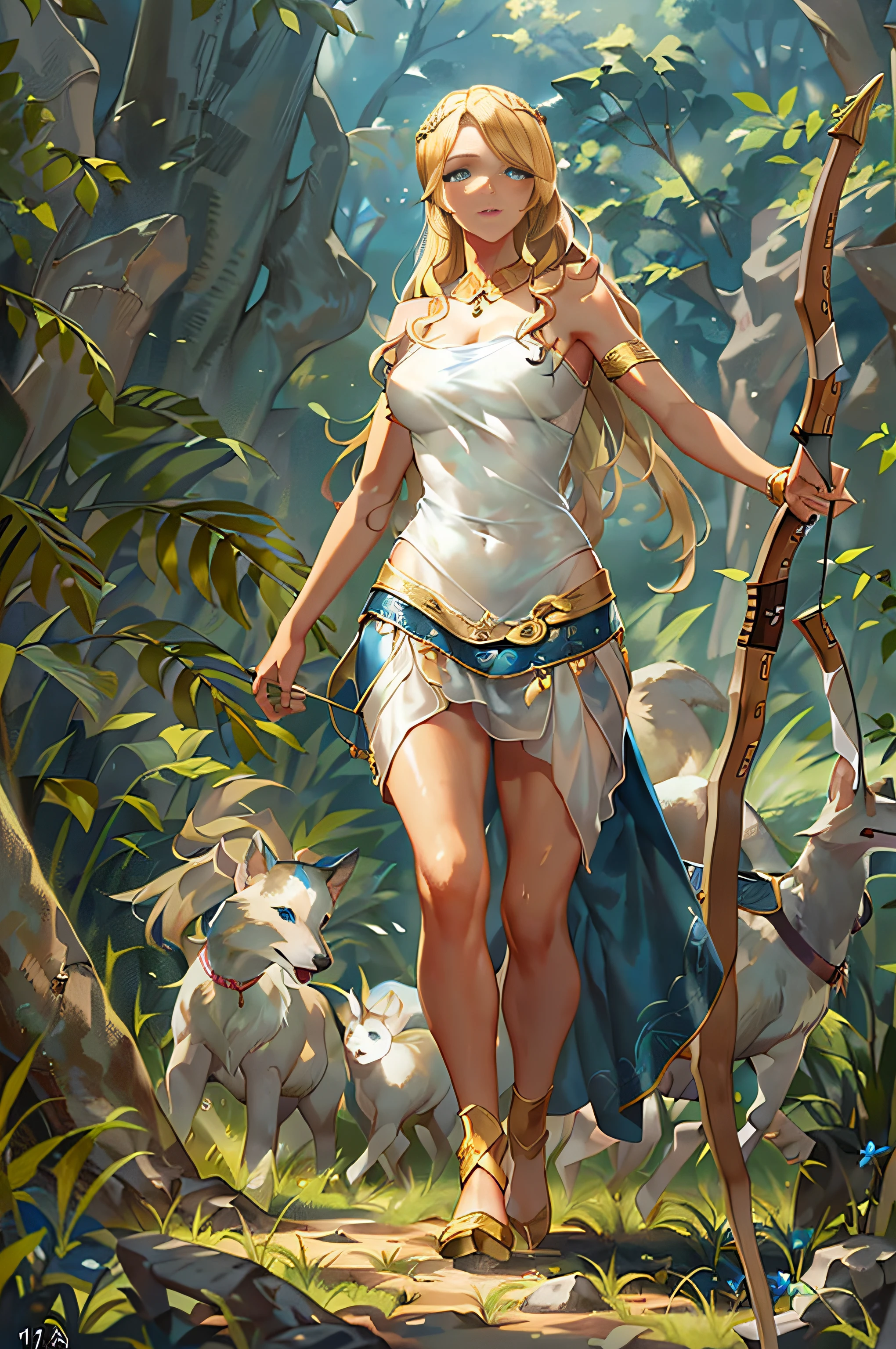 Young virgin goddess of wild nature and hunting, with (((Blonde hair))) And (((Blue eyes))), Amazingly beautiful, is fair-skinned, slender and tall, Show off her perfect pair of long legs, wears {sleeveless, (Very short: 1.7), (white:1.5), Greek chitons, With golden border}, Abs, "Looks strict and determined", What's on ((Golden bow)), Running and chasing prey, archery, Mythical Arcadian mountains and forests, Greek mythology, vibrant and lively atmosphere, Hyper-Realism, ultra-quality, Super Detail, ultra accurate description of hand, masutepiece, 8K, nffsw