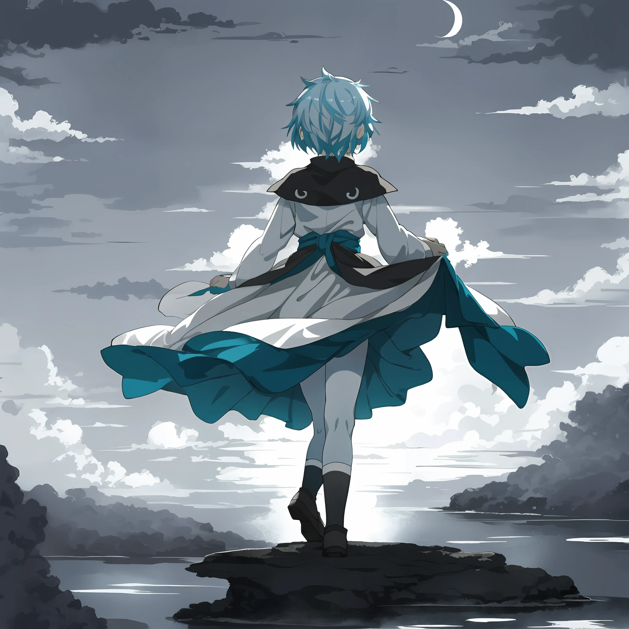anime girl standing on 水面, fantasy art, grayscale phtoto with blue eyes, curtsy, curtsey, beautiful anime art style, high quality anime art, high quality anime artstyle, at pixiv,
