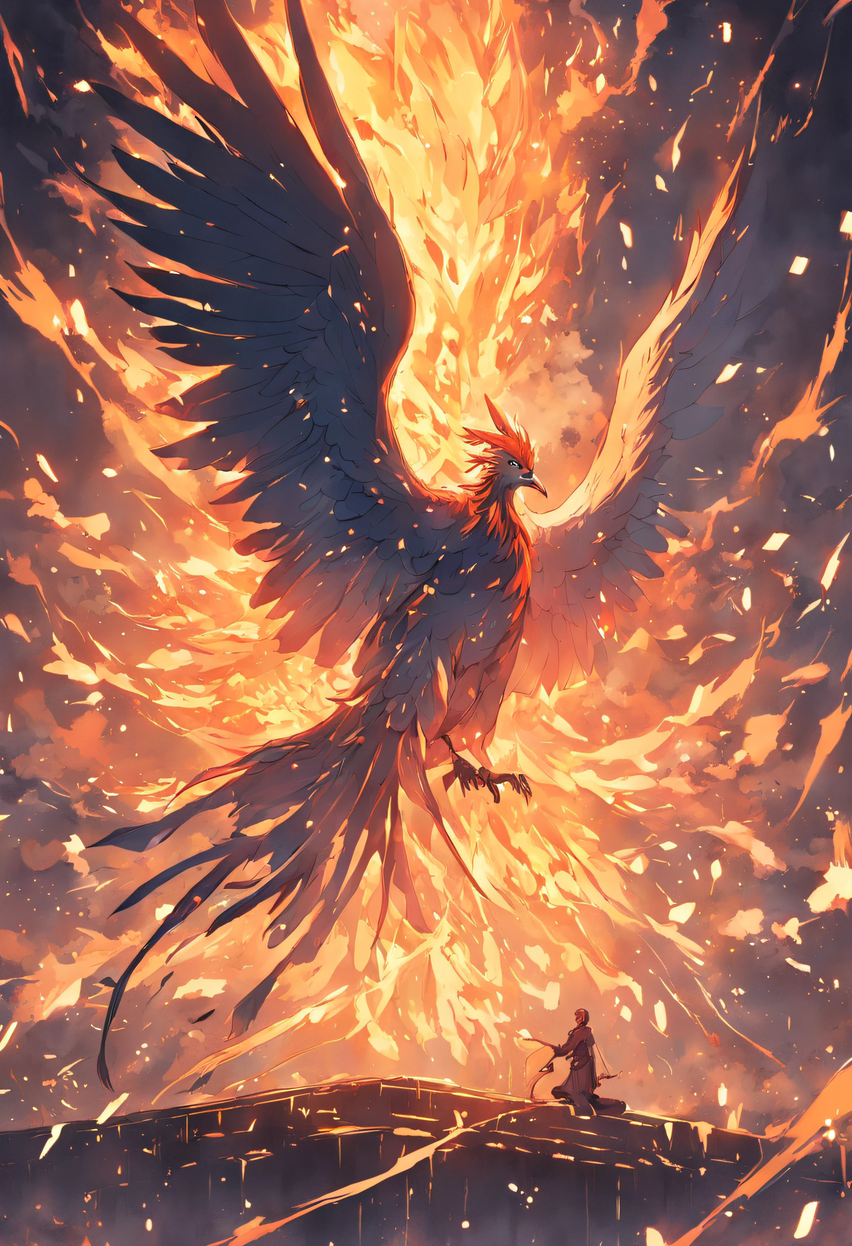 (Birds of God),(Fire Phoenix),(Fire outlined the body of the phoenix),Phoenix flapping its wings,(Shining with golden light),Solo,nigth,Multiple silhouettes,One-person elevation angle,super detailing,best qualtiy,masutepiece,(8K),Extremely detailed,magnificent artwork