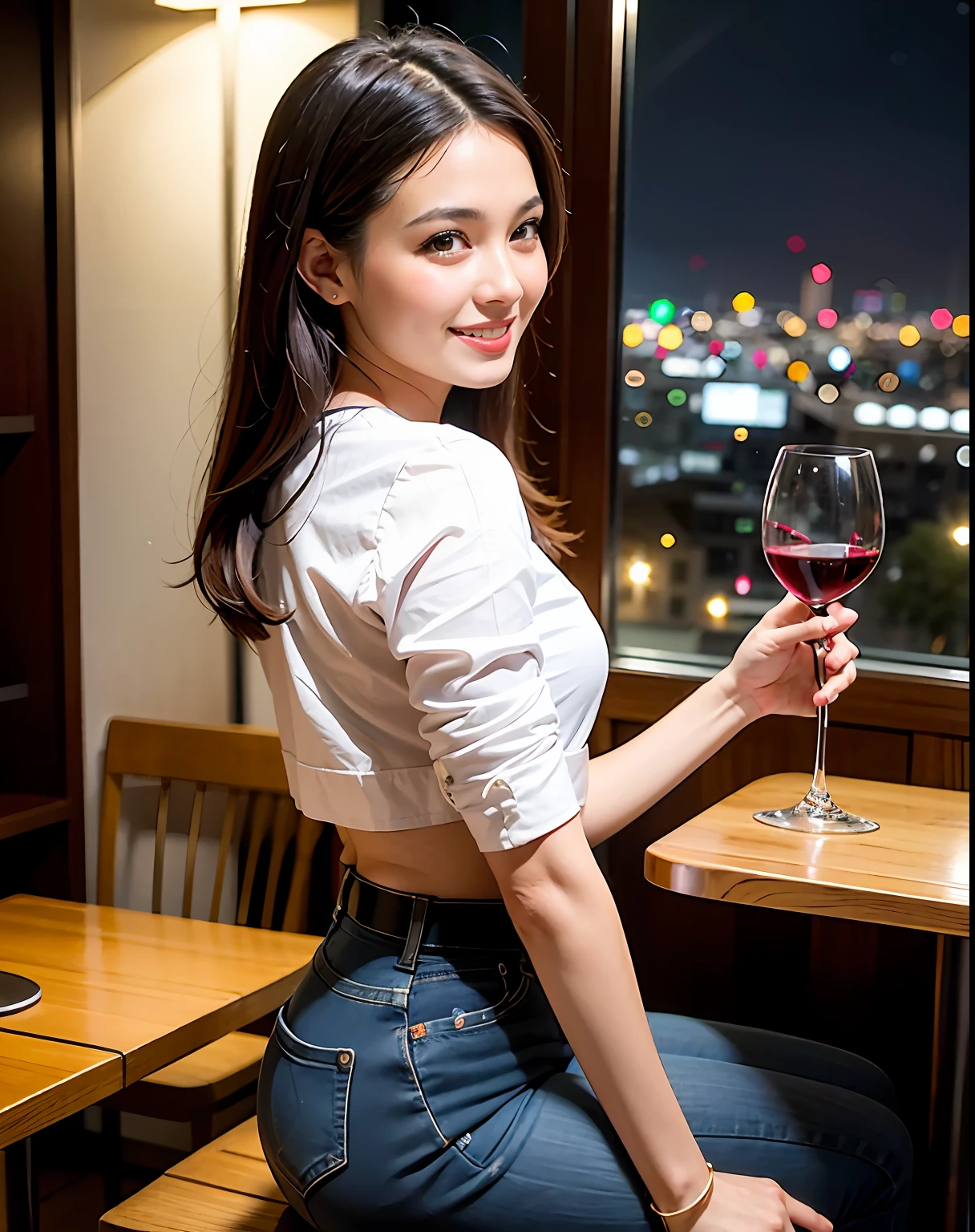 (64K, UHD, top quality, masterpiece: 1.2), (realistic, photorealistic: 1.37), super detailed, pretty woman 1 person, (slim face), (slim body), (brown hair), (short cut), cheeks slightly blushing, (44 years old), 38 years old, solo, beautiful detailed urban night view outside the window, restaurant, wine glasses sit, at night, in a prominent placeNovaFrogStyle, Actress, Model, Waist Up, White Wine, Slim, Wine Glass, Super Clean Night View, Wine Glass Put in the Middle, Happy Smile, (Smile: 1.15), Beautiful Fine Eyes, Upper Body, Bust Japan Up, Night, Short, Short, Actress, Model, Waist Up, White Wine, Slim, Wine Glass, Super Clean Night View, Wine Glass Put in the Middle, Happy Smile,