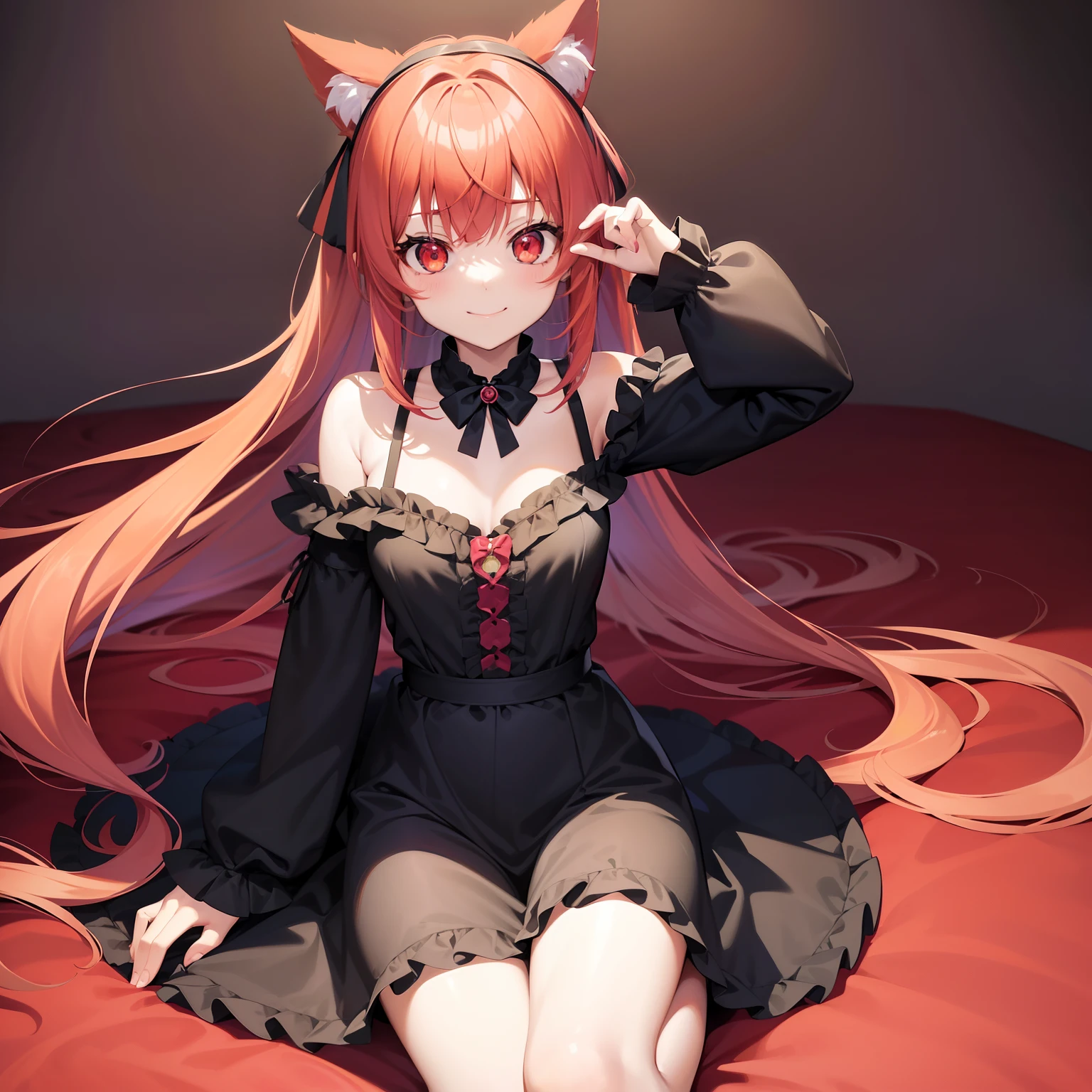 Anime filling,Two-dimensional illustration,Red hair,Half Twin Tail,shorth hair,Big eyes,A smile,a beauty girl,cute little,Super Cute,Black cat ears,Red Eyes,Ruffled Clothes,Black lace clothes,Inner colorGreen,One girl,Full body painting,A masterpiece of 2D art,(masterpiece,Top image quality:1.3),(detaile:1.2),(女の子1人)