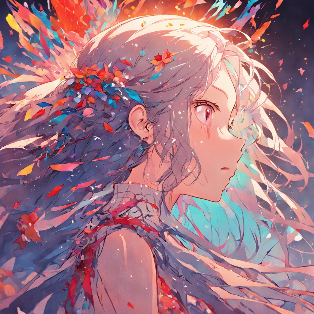 (White background:1.4),(Silhouette of a girl's head, Eyes closed, colorfull long hair),(Chinese illustration:1.3,paper art:1.3, Quilted paper art:1.2),( reasonable design, Clear lines, High sharpness,Best quality, Very detailed, Masterpiece, movie light effect, 4K ),One shoulder,crosses,curate,Gothic style clothes
