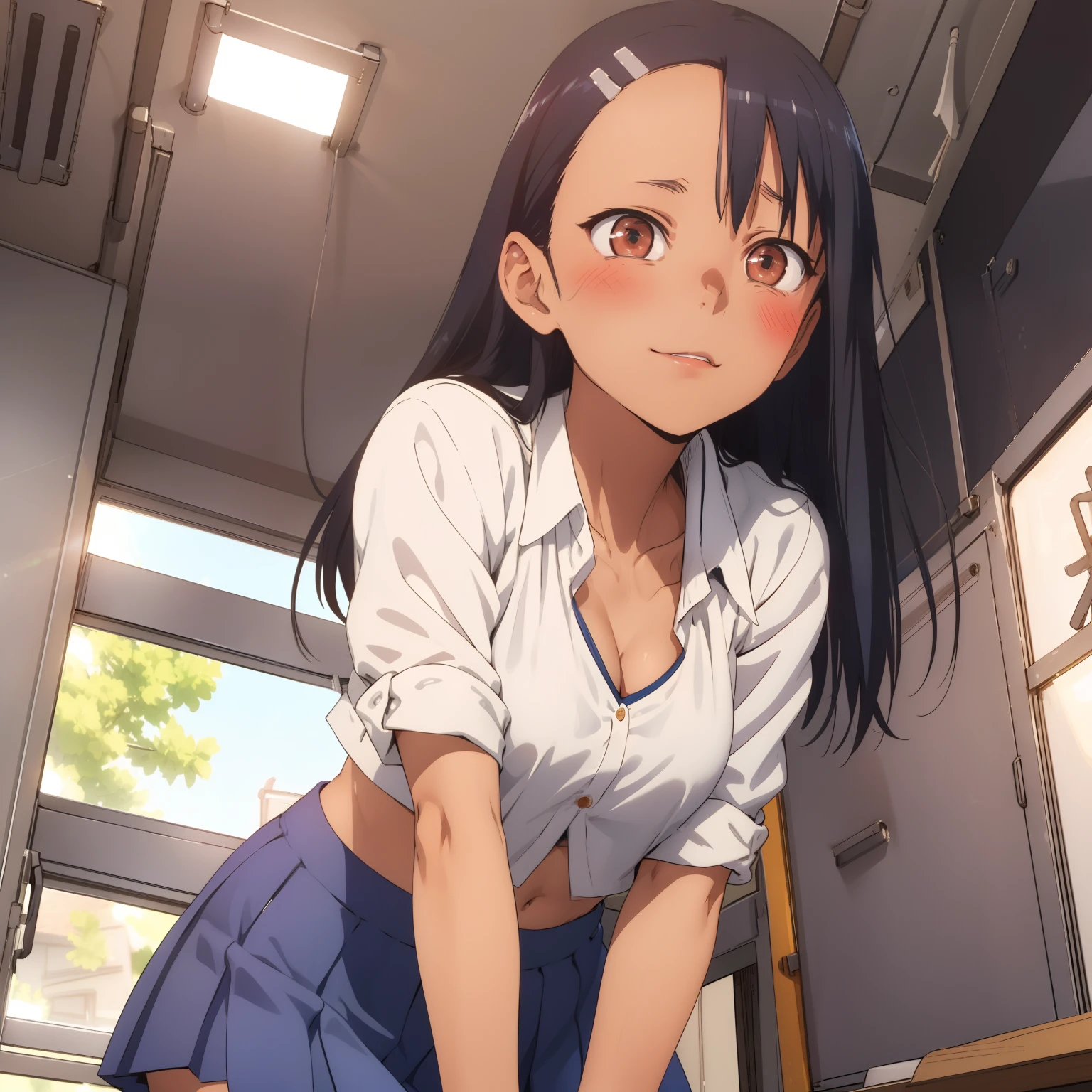 nagatoro hayase, blue skirt, cleavage, small breasts, (from below:1.2), blush, crop top, best quality, masterpiece, perfect lighting, arms behind back,