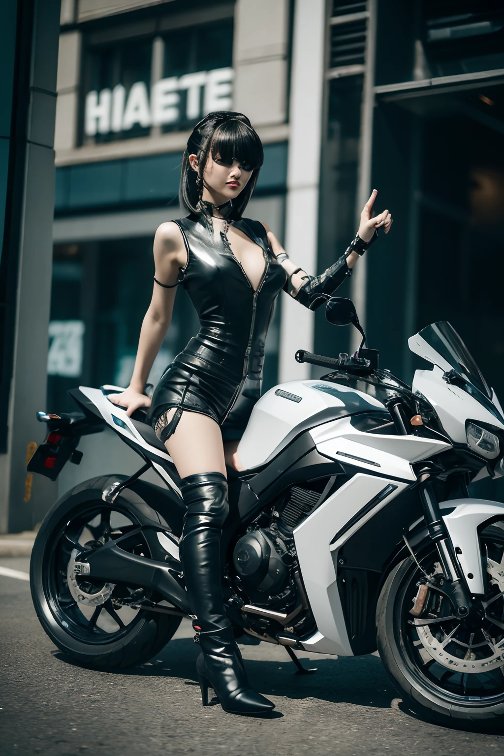 「((top-quality)), ((Best Retail)), (high level of detail: 1.3),。.。.3D、Beautiful fece（cyberpunked: 1.3）Hacker Woman、Female Spy、Riding a motorcycle
