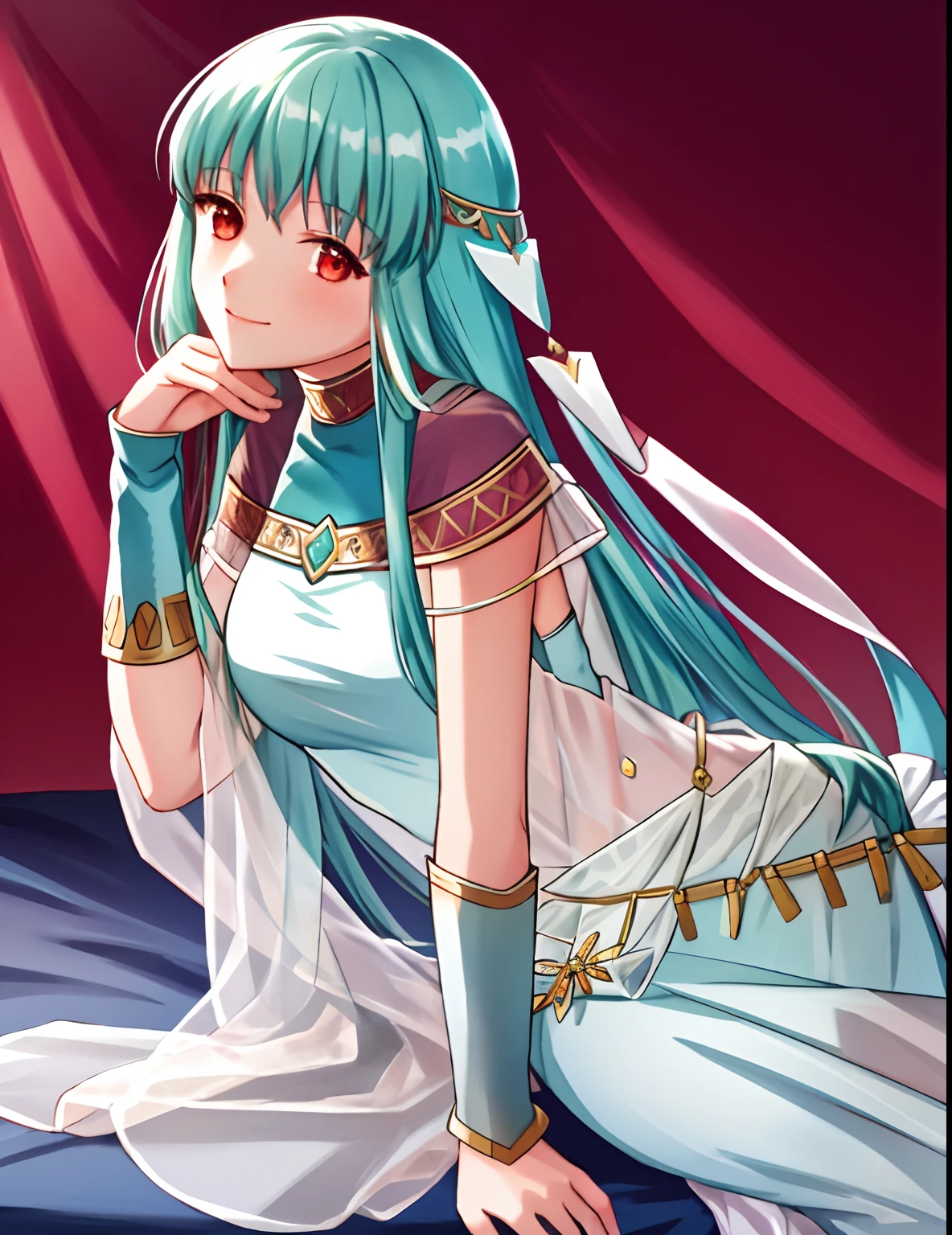 ninian fe, 1girll, Solo, view the viewer, Blush, Sitting, on top of the bed, Seductive smile, arm behind head, Long dress, Red eyes, jewelry, Dancer, Leaning forward, Head tilt, head rest, hand on own face, From the side Side, Cowboy shot