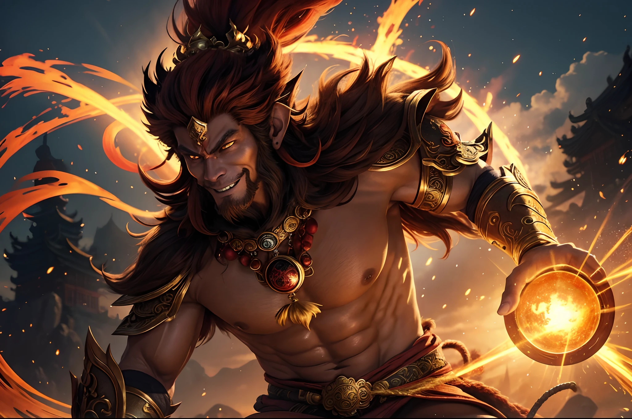 "Monkey King Sun Wukong in a powerful and majestic pose, showcasing his strength and mystical abilities. Detailed facial features with fiery eyes and a mischievous smile. Dramatic lighting with vibrant colors and dynamic shadows. Surrounding environment features ancient Chinese architecture, swirling clouds, and mythical creatures. Feel the energy and power emanating from the Monkey King as he embodies the spirit of adventure and heroi