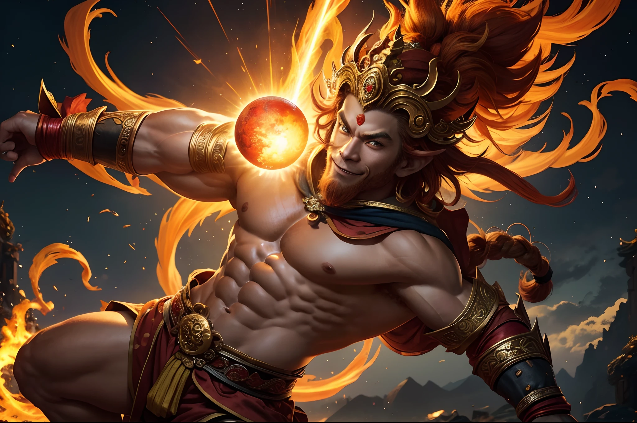 "Monkey King Sun Wukong in a powerful and majestic pose, showcasing his strength and mystical abilities. Detailed facial features with fiery eyes and a mischievous smile. Dramatic lighting with vibrant colors and dynamic shadows. Surrounding environment features ancient Chinese architecture, swirling clouds, and mythical creatures. Feel the energy and power emanating from the Monkey King as he embodies the spirit of adventure and heroi