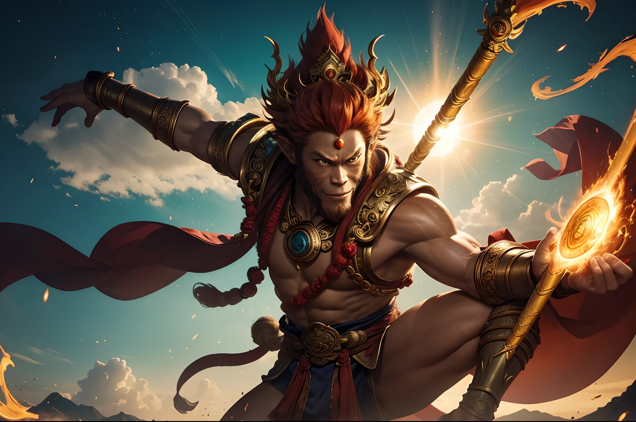 "The Monkey King Wukong, a legendary character in Chinese mythology, portrayed in an epic and visually stunning masterpiece. Capture his fierce and mischievous nature, emphasizing his iconic golden staff and mystical abilities. Set in a vibrant and fantastical world, filled with ancient temples, floating islands, and swirling clouds. Show the Monkey King in a dynamic pose, exuding power and confidence. Rendered in high-resolution CG with impeccable attention to detail, creating a truly immersive and awe-inspiring artwork."