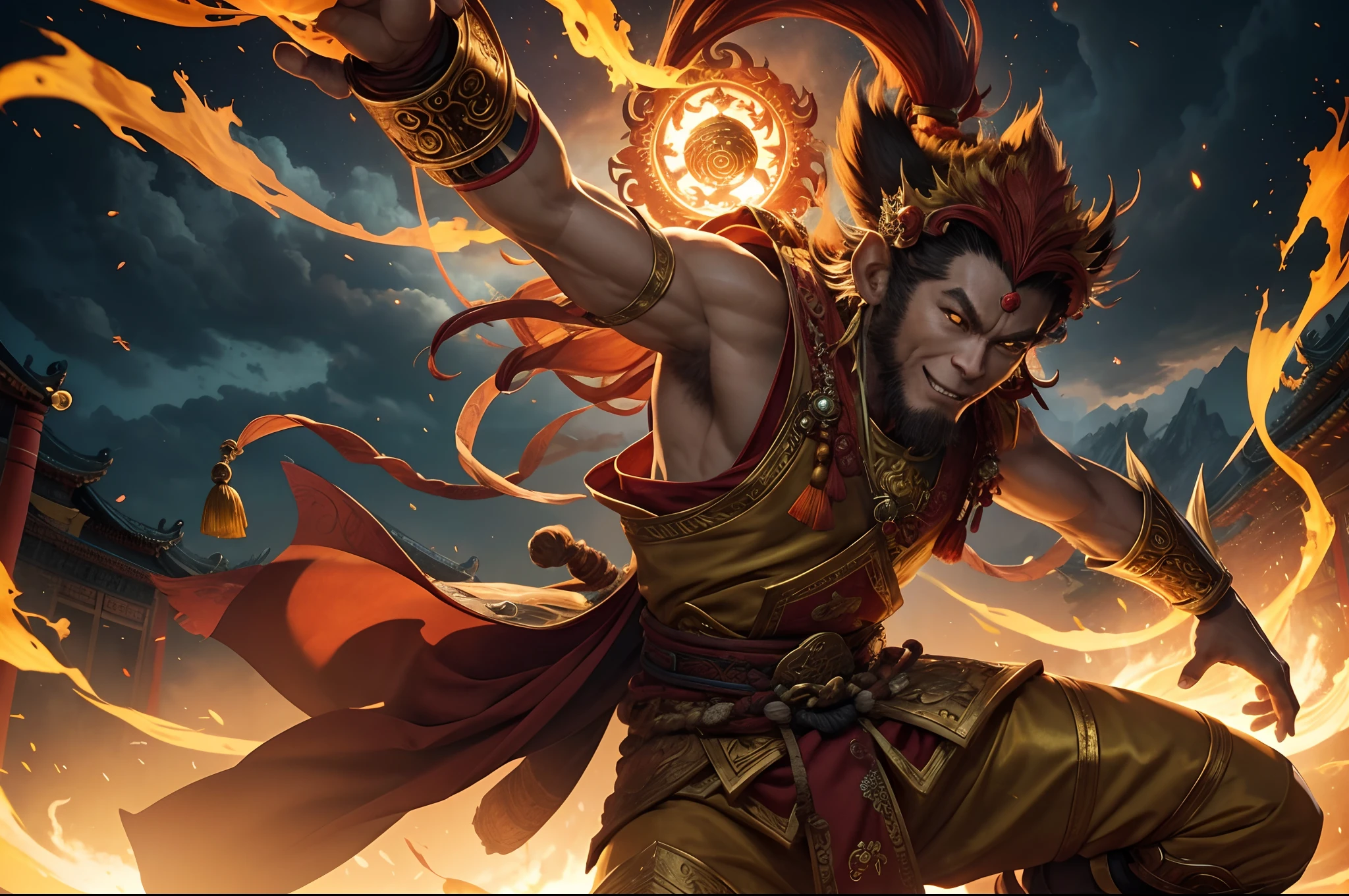 "Monkey King Sun Wukong in a powerful and majestic pose, showcasing his strength and mystical abilities. Detailed facial features with fiery eyes and a mischievous smile. Dramatic lighting with vibrant colors and dynamic shadows. Surrounding environment features ancient Chinese architecture, swirling clouds, and mythical creatures. Feel the energy and power emanating from the Monkey King as he embodies the spirit of adventure and heroi