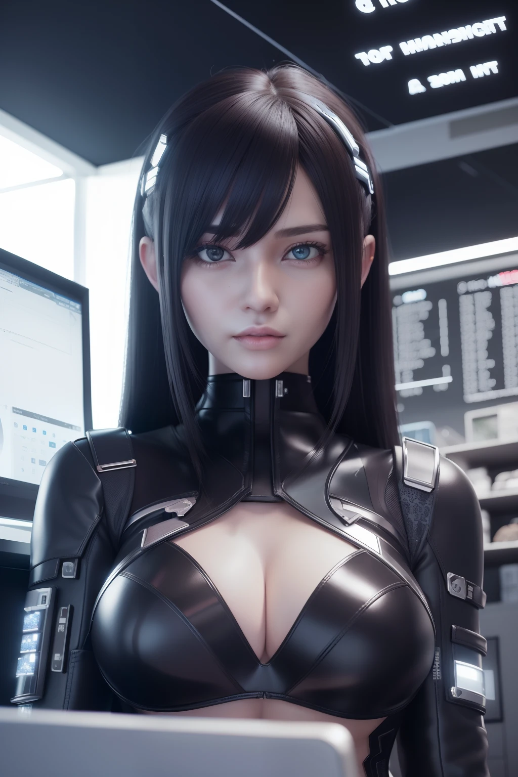 「((top-quality)), ((Best Retail)), (High level of detail: 1.3),。.3D、Beautiful fece(cyberpunked: 1.3)When Hacker Woman、Work with computer terminals with thick and voluminous hair