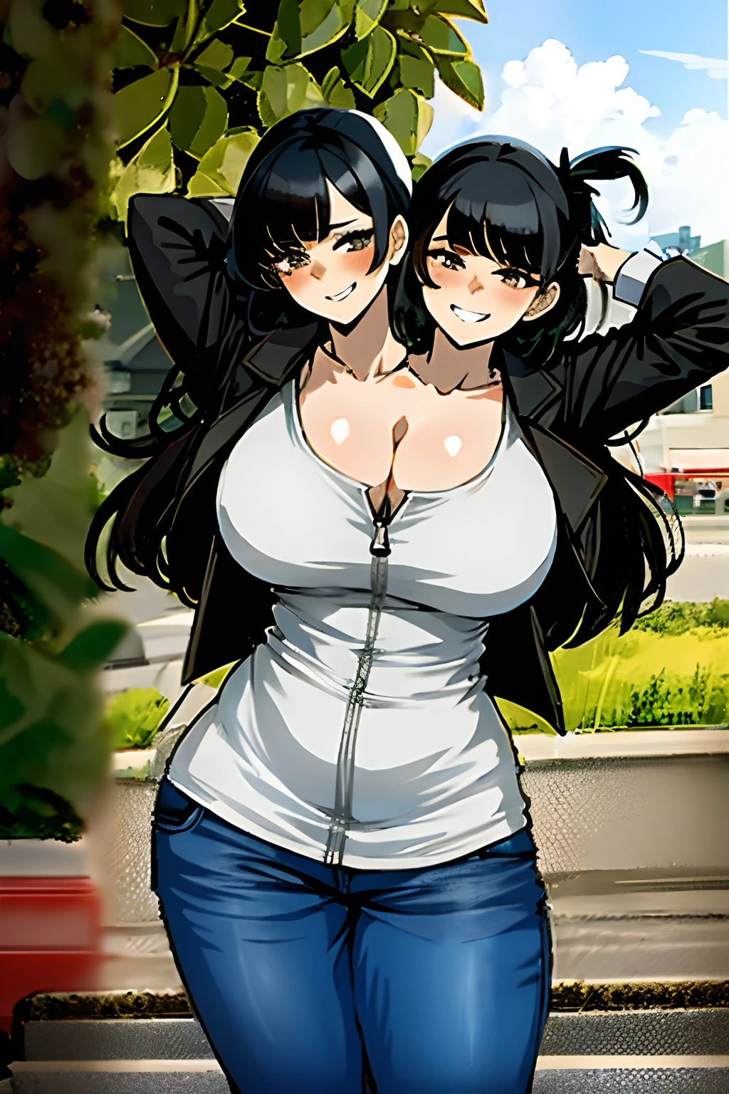 2heads, a very short fat woman with 2 heads. She has enormous breasts. She is outside in a parking lot. She is wearing a leather jacket and jeans. She looks smug. She has gigantic breasts. She is extremely short and fat. She has long black hair in a ponytail. She is blushing. She is happy. She has massive breasts.