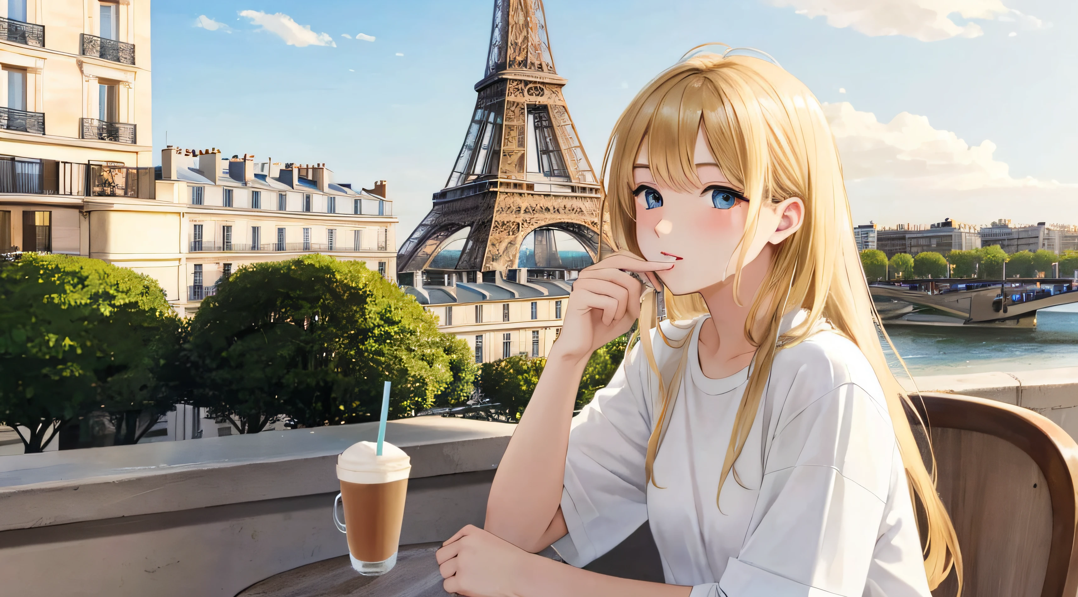 (masterpiece, best quality), beautiful girl, blonde, drinking coffee in paris coffee shop, outdoor, long hair, white tshirt, Eiffel tower