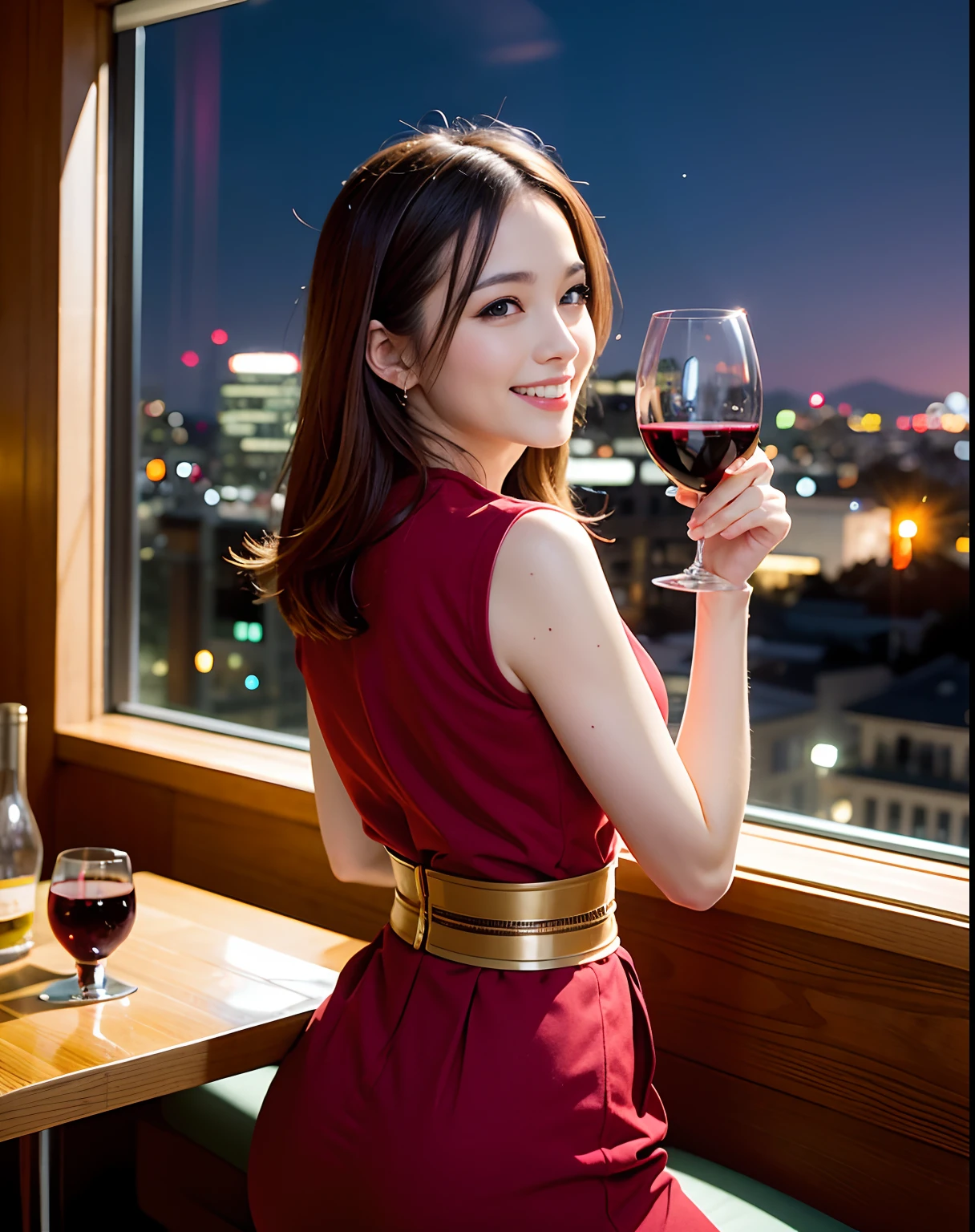 (64K, UHD, top quality, masterpiece: 1.2), (realistic, photorealistic: 1.37), super detailed, pretty woman 1 person, (slim face), (slim body), (brown hair), (short cut), cheeks slightly blushing, (44 years old), 38 years old, solo, beautiful detailed urban night view outside the window, restaurant, wine glasses sit, at night, in a prominent placeNovaFrogStyle, Actress, Model, Waist Up, White Wine, Slim, Wine Glass, Super Clean Night View, Wine Glass Put in the Middle, Happy Smile, (Smile: 1.15), Beautiful Fine Eyes, Upper Body, Bust Japan Up, Night, Short, Short, Actress, Model, Waist Up, White Wine, Slim, Wine Glass, Super Clean Night View, Wine Glass Put in the Middle, Happy Smile,