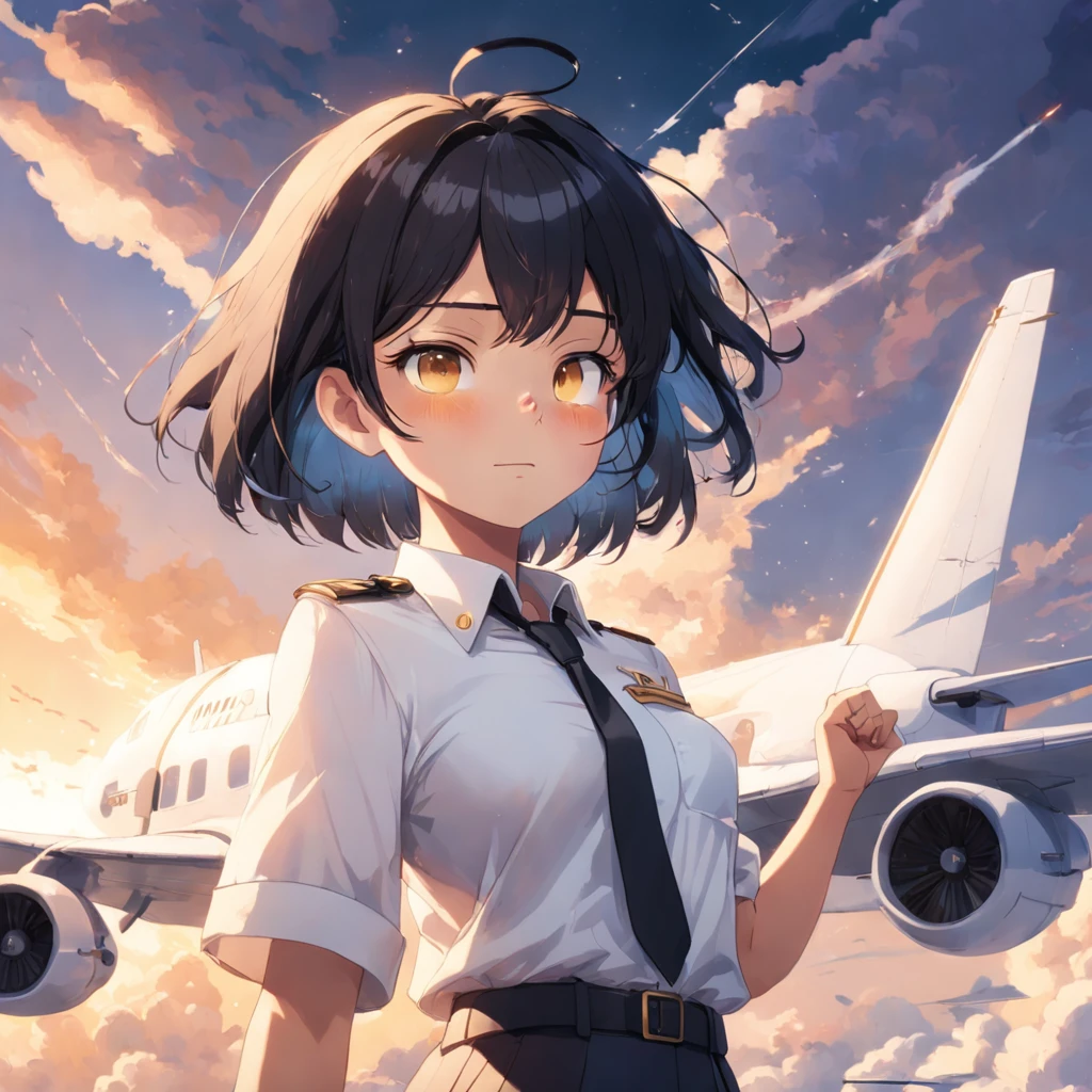 masterpiece, best quality, movie still, 1girl, cloud girl, floating in the sky, close-up, bright, happy, warm soft lighting, sunset, (sparks:0.7) short black bob hair, yellow eyes, Round glasses, brown skin, petite body, wearing plain white formal work shirt, wearing long black pants, airplane, business tie, absurdres, high res, ultrasharp, 8k, masterpiece, looking at viewer, cat ears, airline pilot uniform, airline pilot hat, white background, short sleeve, airport, airplane, bangs, flat chest, whiskers, androgynous,