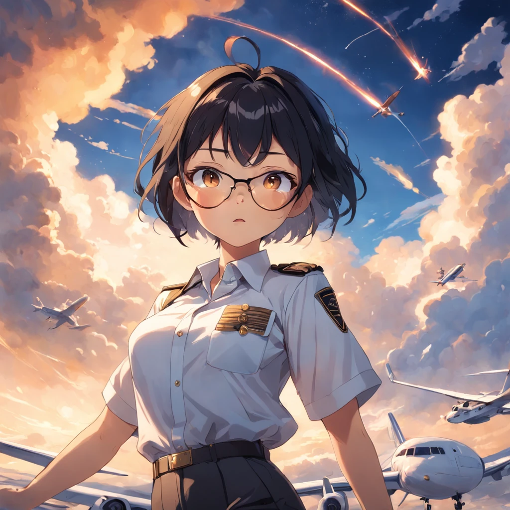 masterpiece, best quality, movie still, 1girl, cloud girl, floating in the sky, close-up, bright, happy, warm soft lighting, sunset, (sparks:0.7) short black bob hair, yellow eyes, Round glasses, brown skin, petite body, wearing plain white formal work shirt, wearing long black pants, airplane, business tie, absurdres, high res, ultrasharp, 8k, masterpiece, looking at viewer, cat ears, airline pilot uniform, airline pilot hat, white background, short sleeve, airport, airplane, bangs, flat chest, whiskers, androgynous,