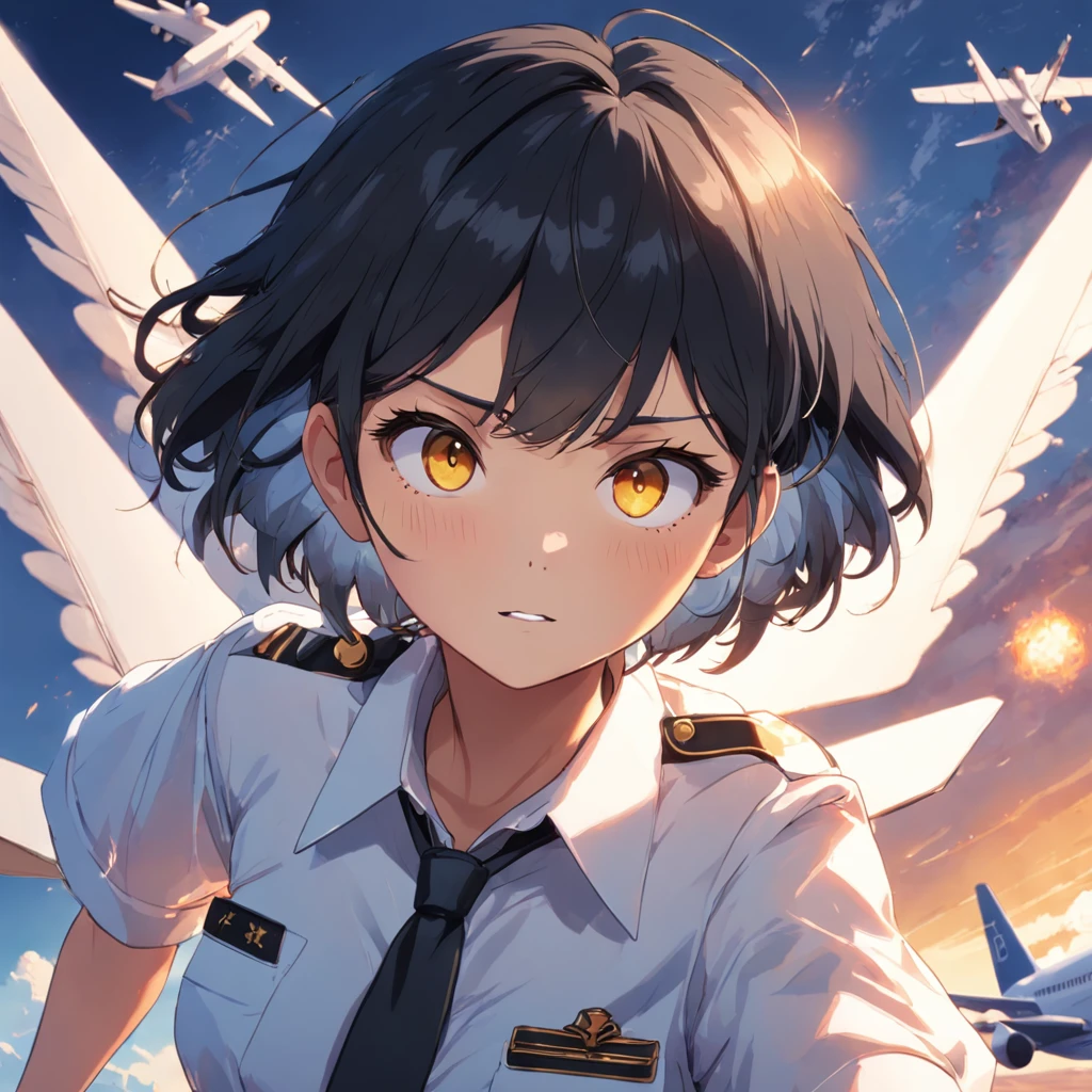 masterpiece, best quality, movie still, 1girl, cloud girl, floating in the sky, close-up, bright, happy, warm soft lighting, sunset, (sparks:0.7) short black bob hair, yellow eyes, Round glasses, brown skin, petite body, wearing plain white formal work shirt, wearing long black pants, airplane, business tie, absurdres, high res, ultrasharp, 8k, masterpiece, looking at viewer, cat ears, airline pilot uniform, airline pilot hat, white background, short sleeve, airport, airplane, bangs, flat chest, whiskers, androgynous,