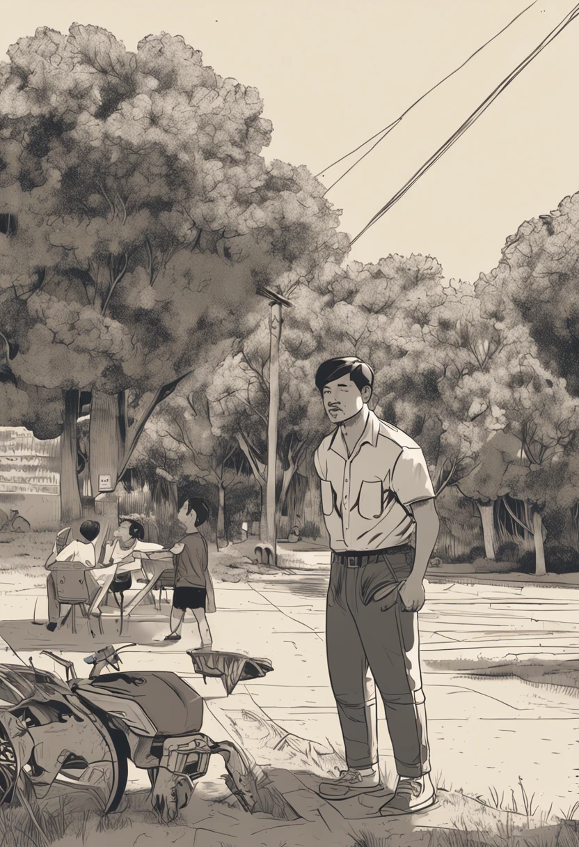Photo of a 20-year-old korean-brazilian olive-skinned, a few chubby guy with short, salon-cut hair, nose piercing, short mustache and goatee. He manages a shy smile. He wears a brown beret and red overalls, with no shirt. Ibirapuera Park in the background of the photo. Realistic colors, ambient lighting, shot in 2023., ::n_bad anatomy, mutation, mutilation, deformity, poorly drawn, extra arms, extra legs, missing arms, missing legs, mutated hands, mutated feet, fused fingers, extra fingers, long neck, disfigured features, gross proportions, asymmetrical, blurry, ugly, extra eye, missing eye, deformed skull, malformed limbs, mutated mouth, missing teeth, extra teeth, malformed teeth, gross, disgusting, deformed spine, distorted bones, missing bones, out of frame, low resolution, low quality, normal quality, jpeg artifacts, signature, watermark, username, text, error, missing components, extra components, cropped, worst quality, low-res, bad proportions