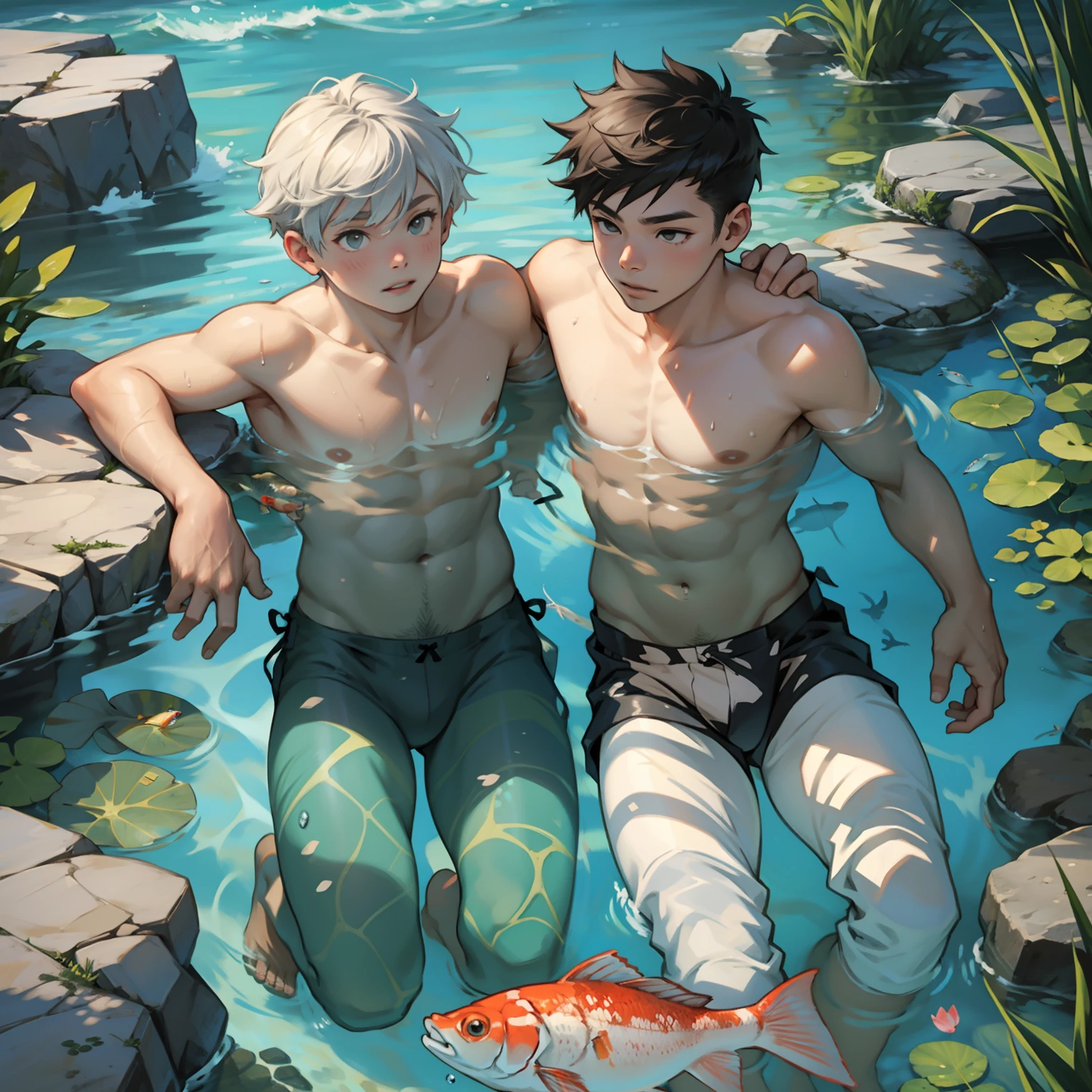 Two boys swimming,Raised sexy,Spring water,Small fish