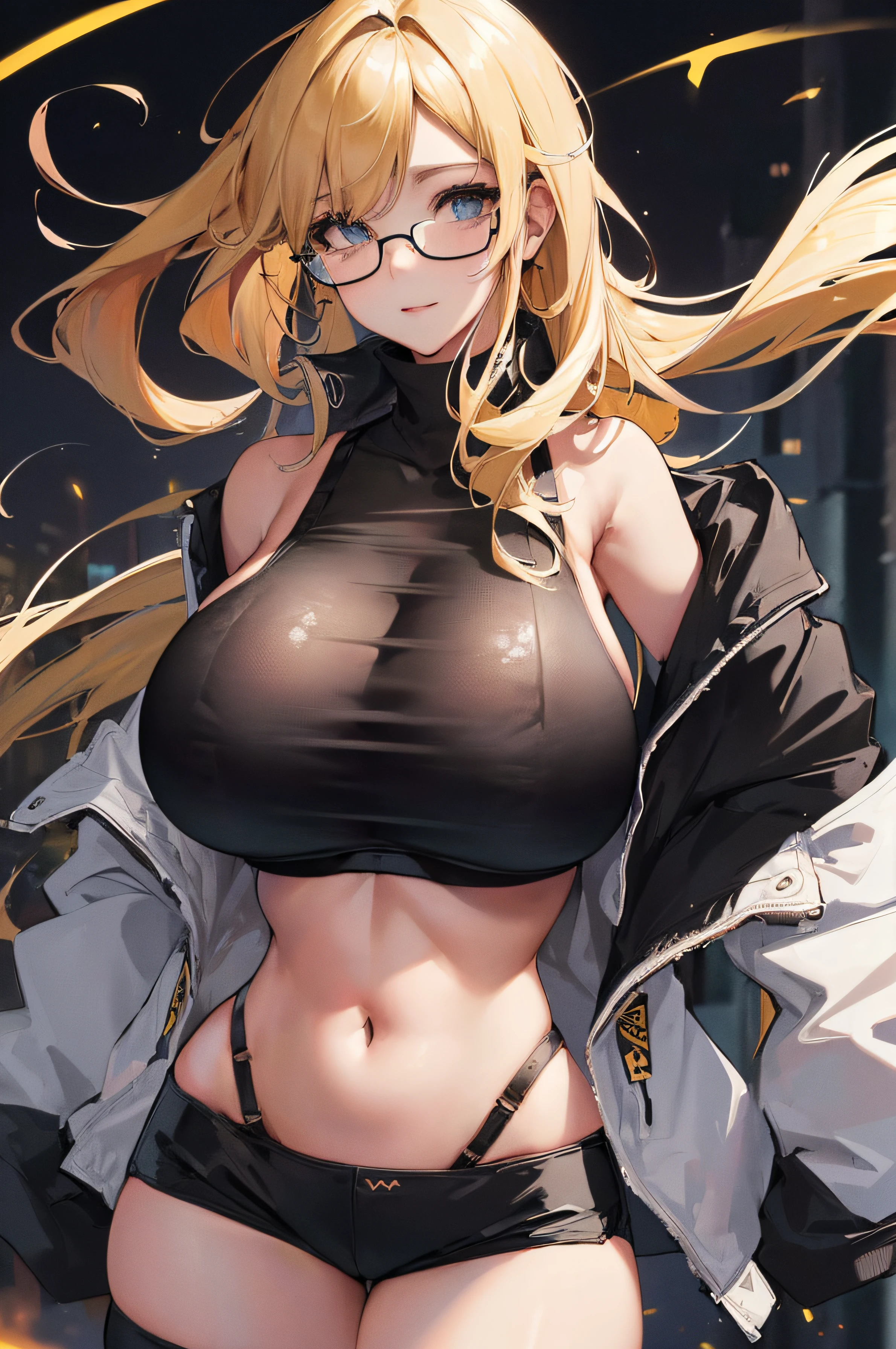 (8k, best quality, masterpiece:1.2), (smile:0.9), (official art, masterpiece, sharp focus,) , (beautiful face), ultra-detailed, 1girl, solo, cute, beautiful detailed sky, beautiful detailed eyes, floating hair,(seifuku:1), stockings, full body,street, (huge breasts:1.9), white jacket, short pants, (black sports bra:1.4), blonde hair, (long hair:1.2), (winter jacket:1.2), thin circle glasses