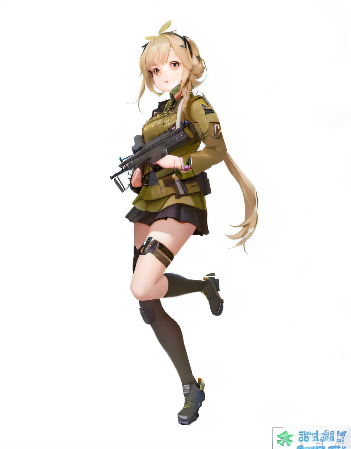A girl posing with a gun in a frontline character，Dressed in uniform，Fine details。girls frontline style，Kantai collection style，infantry girls，mechanized soldier girl，Anime maid SS military style，Female action anime girl image，M4 Somod II character of Girl Frontline CG。