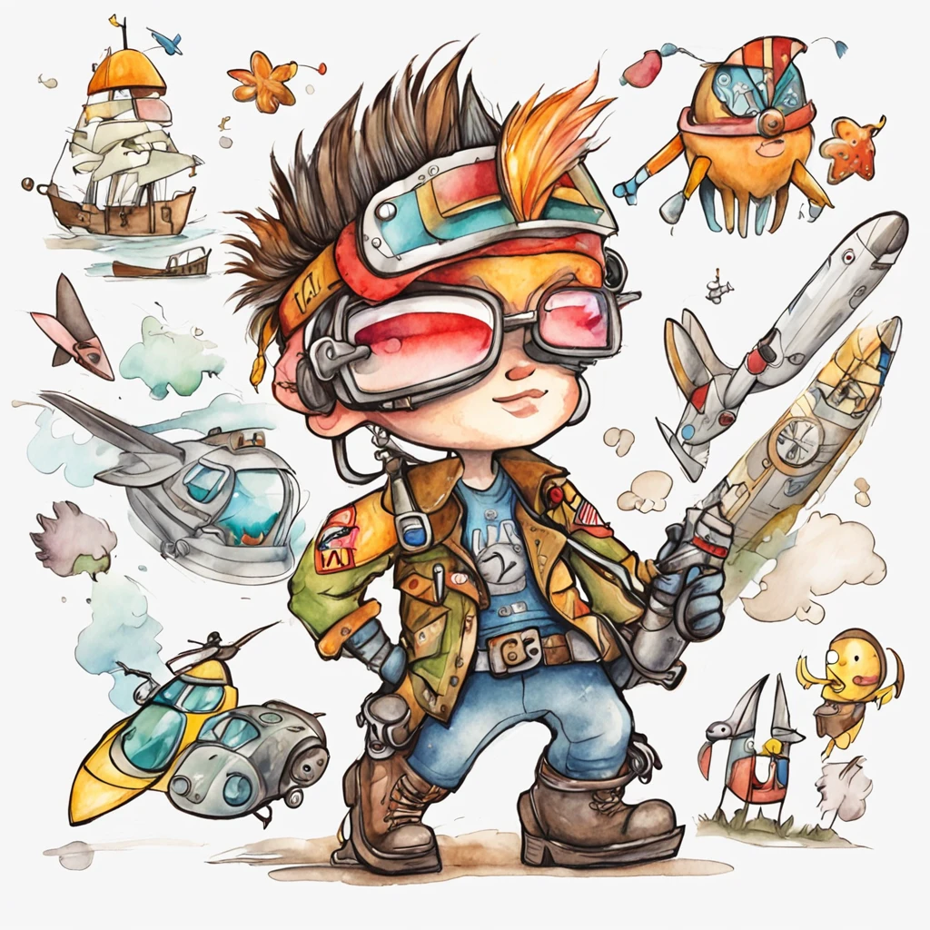 Cute punk pilot,Children's illustration,Colored pencils,Simple,Lovely full color,Flat colors,Sticker,White background,author：genndy tartakovsky