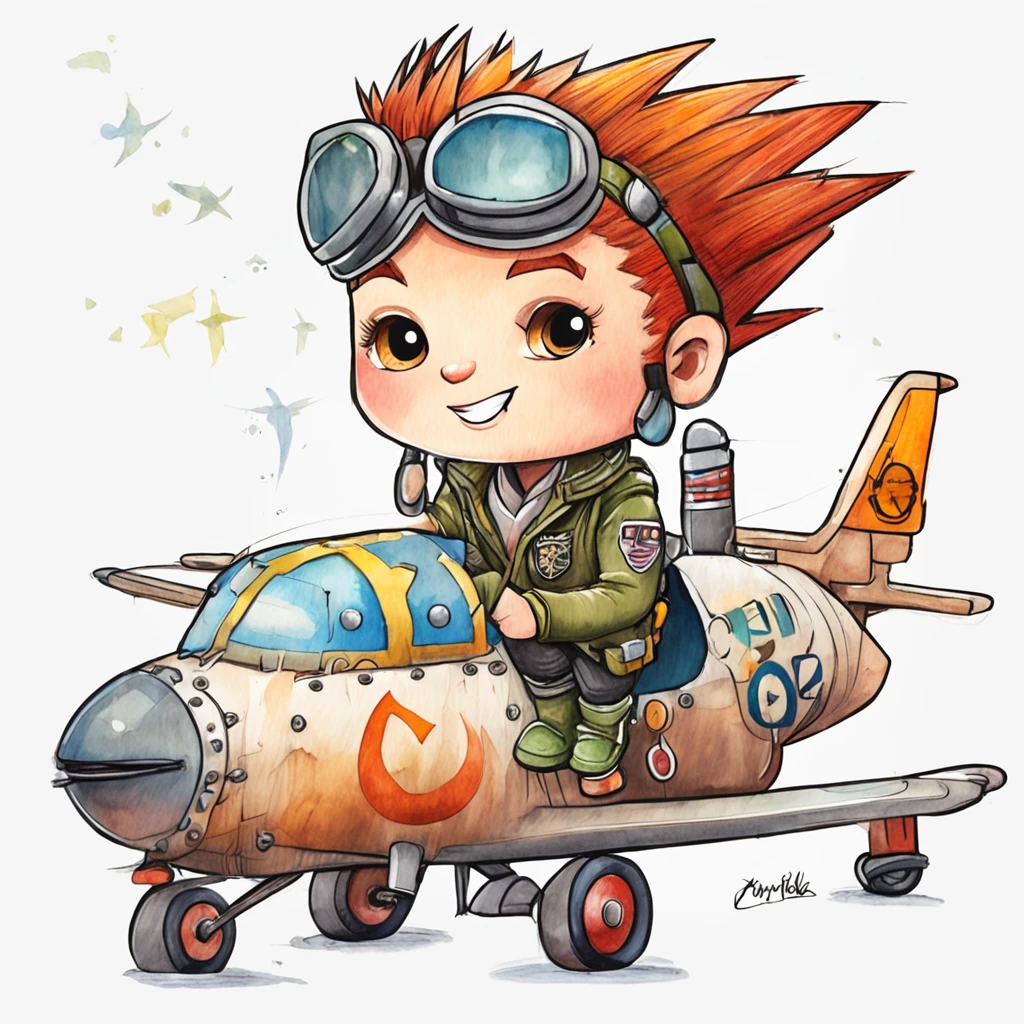 Cute punk pilot,Children's illustration,Colored pencils,Simple,Lovely full color,Flat colors,Sticker,White background,author：genndy tartakovsky