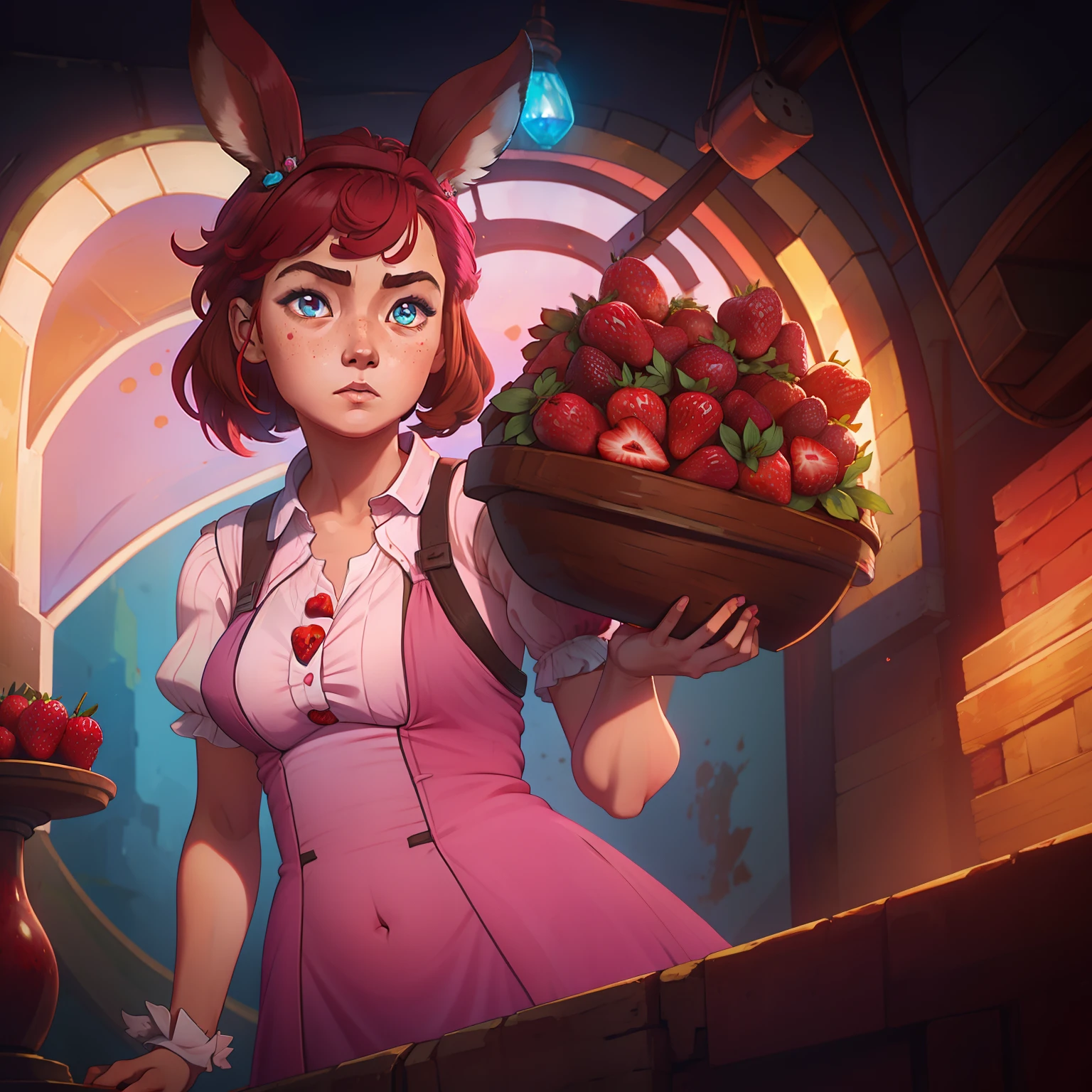 Short chubby young adult female with heterochromia one amber eye, one blue eye, wearing pink dress with strawberries on it, has flowing brown hair, has bunny ears, solo, alone