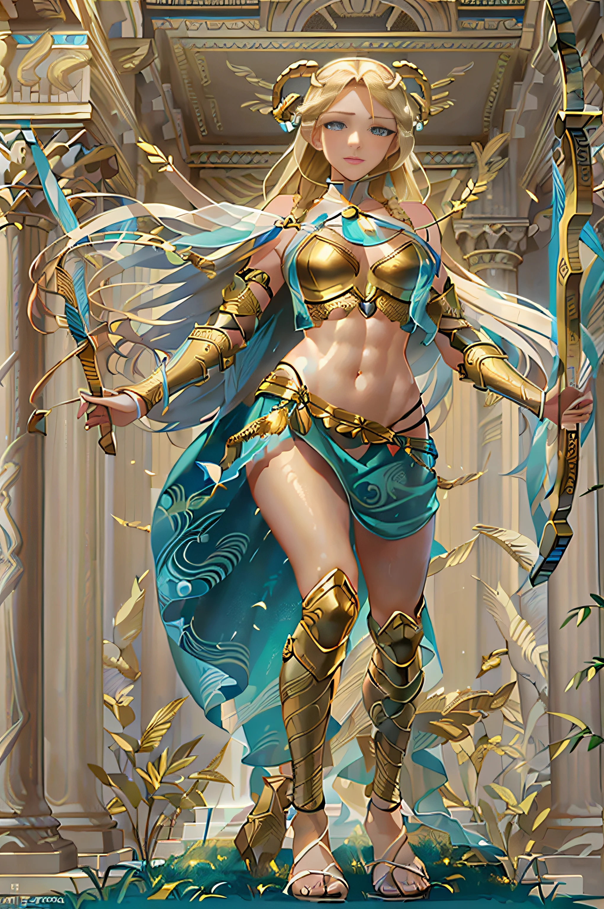 Young virgin goddess of wild nature and hunting, with (((Blonde hair))) And (((Blue eyes))), Amazingly beautiful, is fair-skinned, slender and tall, Show off her perfect pair of long legs, wears {sleeveless, (Very short: 1.7), (white:1.5), Greek chitons, With golden border}, Abs, "Looks strict and determined", What's on ((Golden bow)), Running and chasing prey, archery, Mythical Arcadian mountains and forests, Greek mythology, vibrant and lively atmosphere, Hyper-Realism, ultra-quality, Super Detail, ultra accurate description of hand, masutepiece, 8K, nffsw