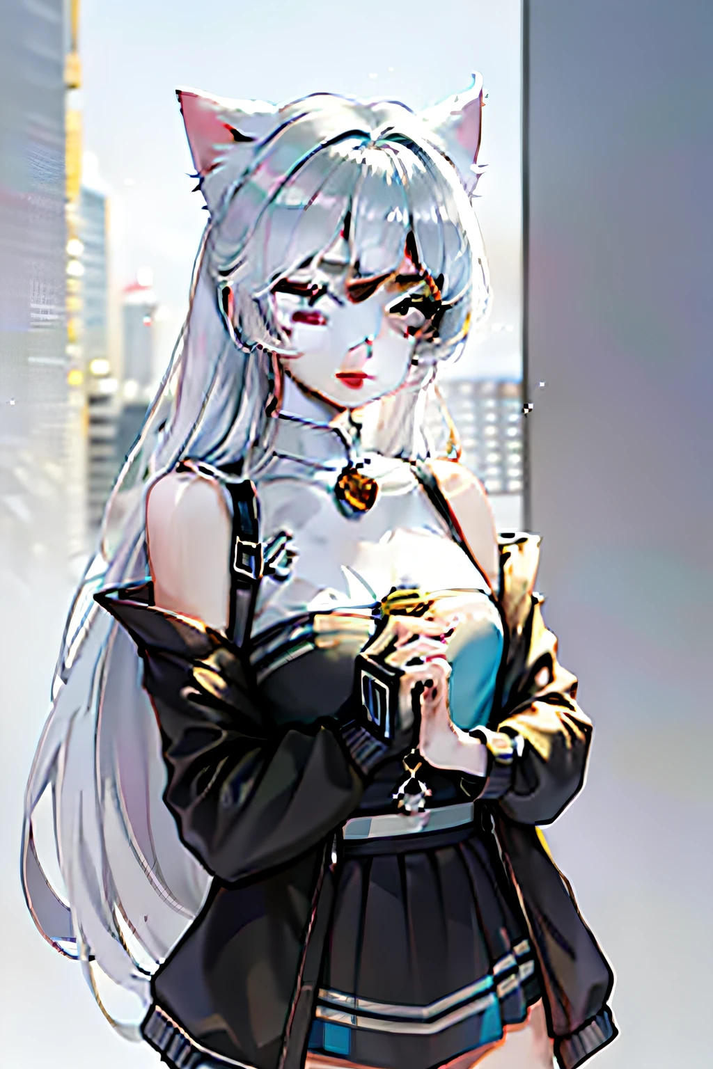 Wears a gray coat with one shoulder leaky,Cyan hair with two cat ears in front of her and white underwear underneath，A yellow bell hangs from the neck with a black band，Wearing a short black skirt，A cute anime girl wearing white silk pile socks on her legs