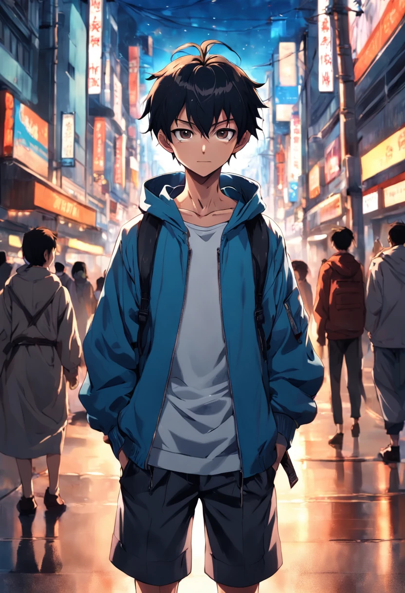 A boy, transformed into an anime style, with exaggerated unique facial features and clothing, standing on a bustling city street, backlit background highlighting the subject, high-contrast colors, 4K high-definition quality,young, smiling, handsome
