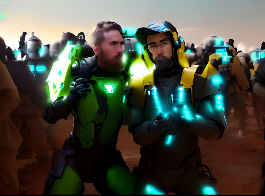 Two ((brothers: 1.4)) pose for a pre-battle picture while soldiers in the background move to and fro. Everyone is wearing the (matte dark grey and green camo) ((powered cybernetic battle armor: 1.3)) of the United Terran Space Force. The dull golden glow of the batteries contrast with the camo armor. Each soldier's armor is custom, made possible by ((cybernetics, nano-tech, AI,  and advanced materials, it protects the wearer from many dangers, and provides assistance in many ways. No UTSF marine would be caught without his armor. Award winning, best gritty, realistic photo ever taken. war photography, (8K) highly detailed photograph