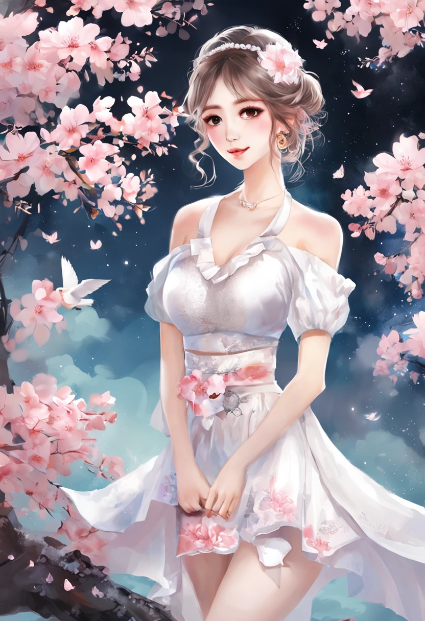 (best qualtiy,tmasterpiece), Beautiful teenage girl, Beautiful goddess, Sexy goddess, ((The shirt, One shoulder, short skirt, Floral)), Beautiful hair accessories, peach blossom, Detailed scenes, the night, starrysky, cold light, (in pink, white colors, cyan colors), ((from side)), ((knee shot)), ((realistic))