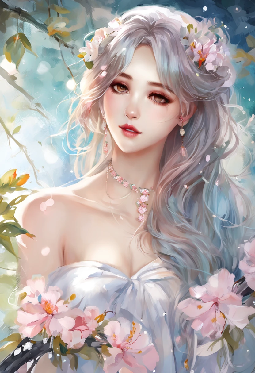 (best qualtiy，tmasterpiece), Beautiful  girl, Beautiful goddess, Sexy goddess, ((The shirt, One shoulder, short  skirt, Floral)), Beautiful hair accessories, peach blossom, Detailed scenes, the night, starrysky, cold light, (in pink, white colors, cyan colors), ((from side)), ((knee shot)), ((realistic))