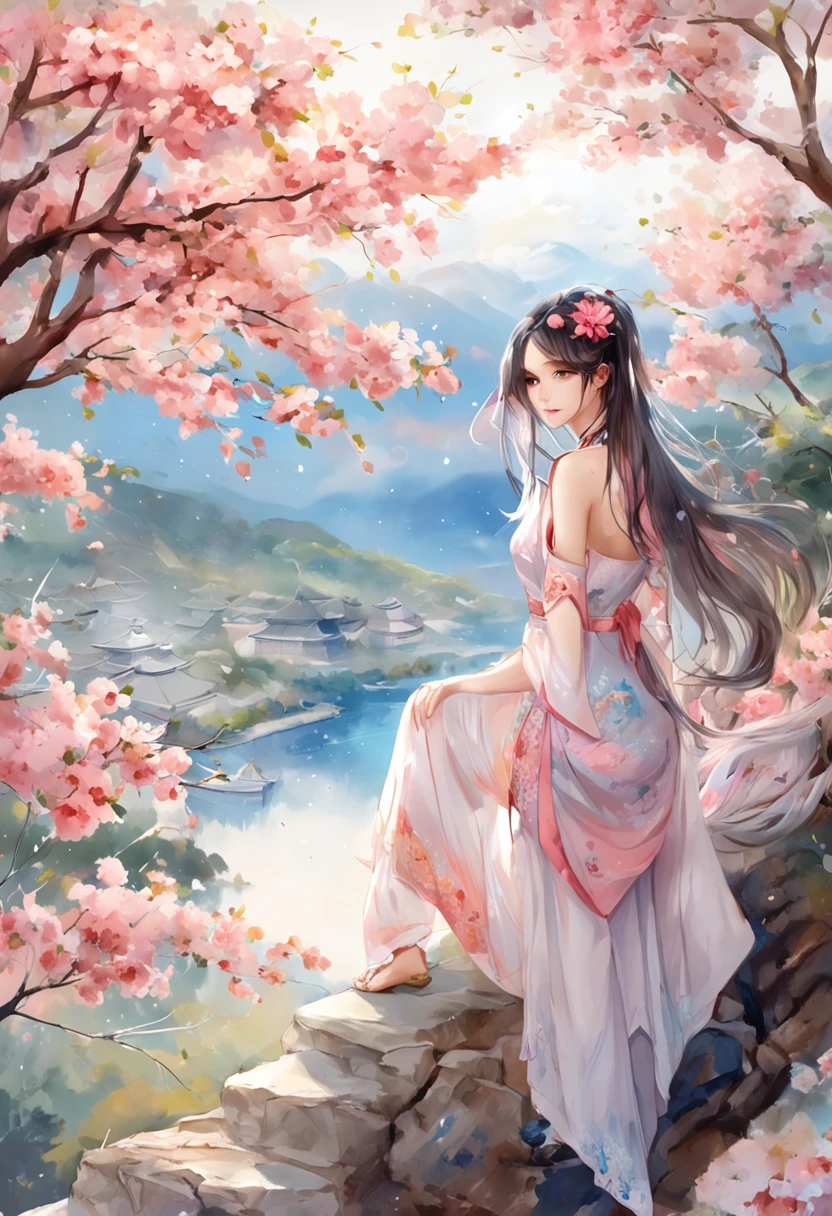 (best qualtiy,tmasterpiece), Beautiful age girl, Beautiful goddess, Sexy goddess, ((The shirt, One shoulder, short skirt, Floral)), Beautiful hair accessories, peach blossom, Detailed scenes, the night, starrysky, cold light, (in pink, white colors, cyan colors), ((from side)), ((knee shot)), ((realistic))